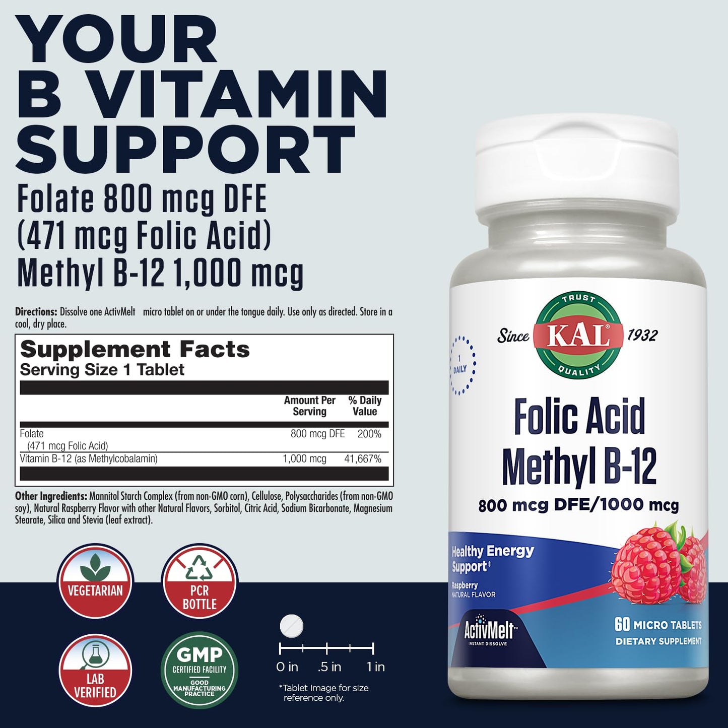 KAL 800 mcg Folic Acid Methyl B-12 Tablets, 60 Count