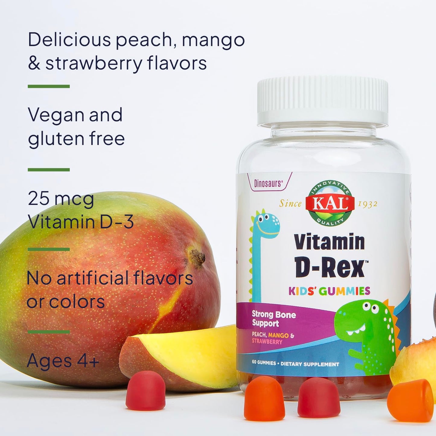 KAL Vitamin D-Rex Vitamin D Gummies for Kids - Vitamin D3 - Peach, Mango, and Strawberry Flavors - Immune, Heart, Bone & Oral Support - Vegetarian, Gluten Free - 60 Servings, 60 Gummies
