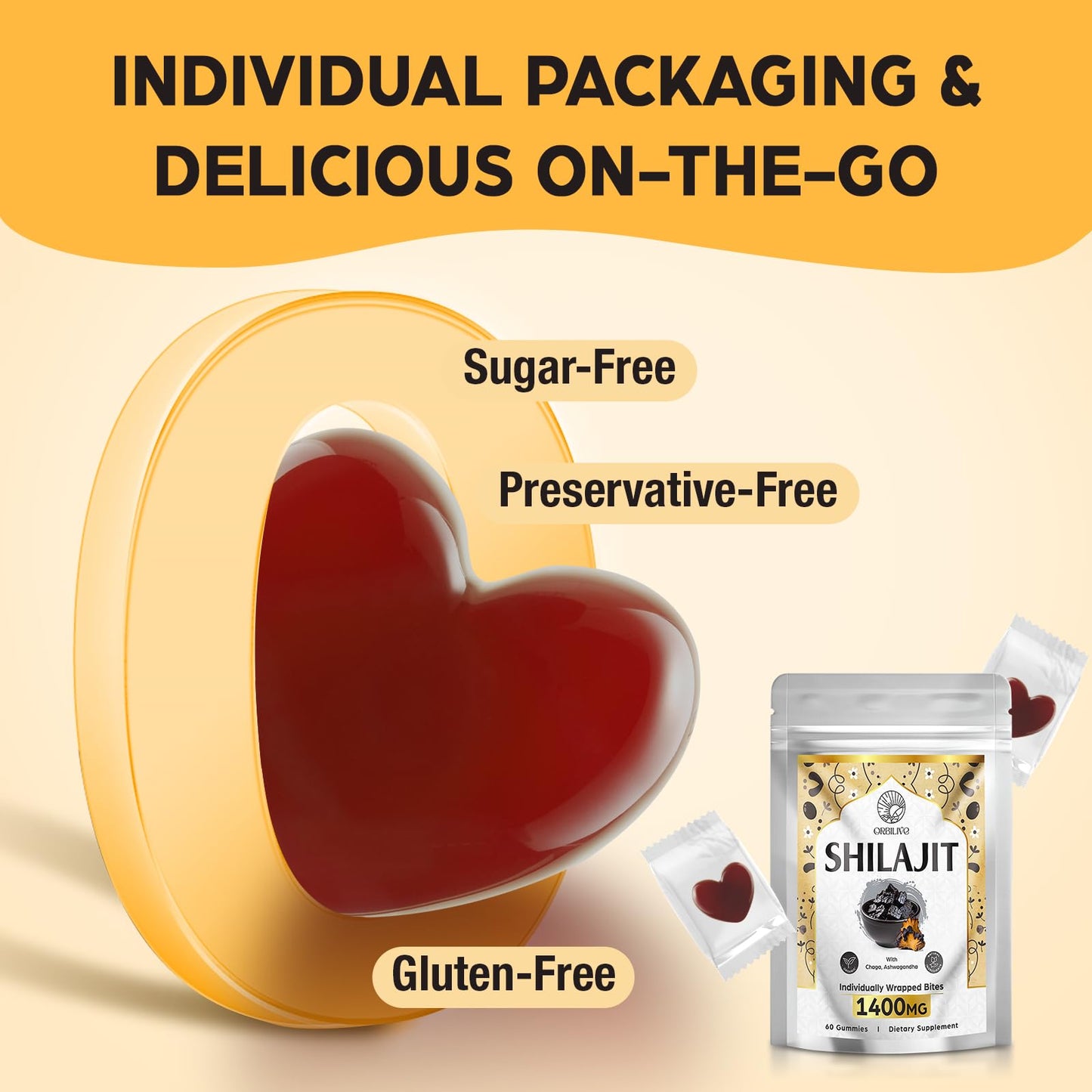 ORBILIVE Shilajit Gummies with Ashwagandha, Himalayan Organic, 1400 mg, 60 Count