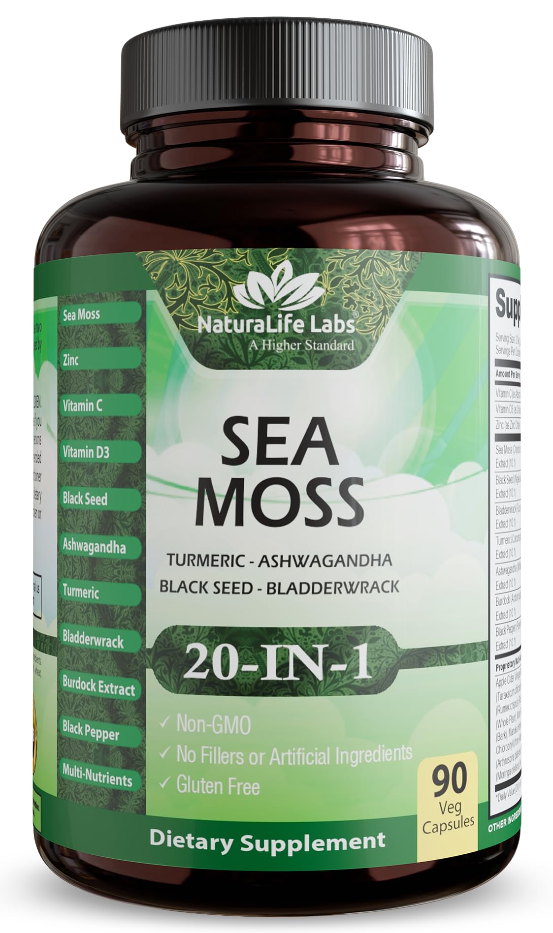 NaturaLife Labs Sea Moss & Black Seed Oil Complex with Bladderwrack, Turmeric, Ashwagandha, Burdock, Vitamin C & D3, Yellow Dock Root, Manuka, Dandelion, 90 Capsules