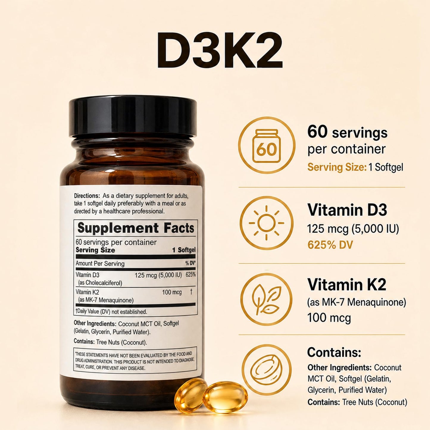 REOTT Vitamin D3 K2 Supplement, 60 Gummies