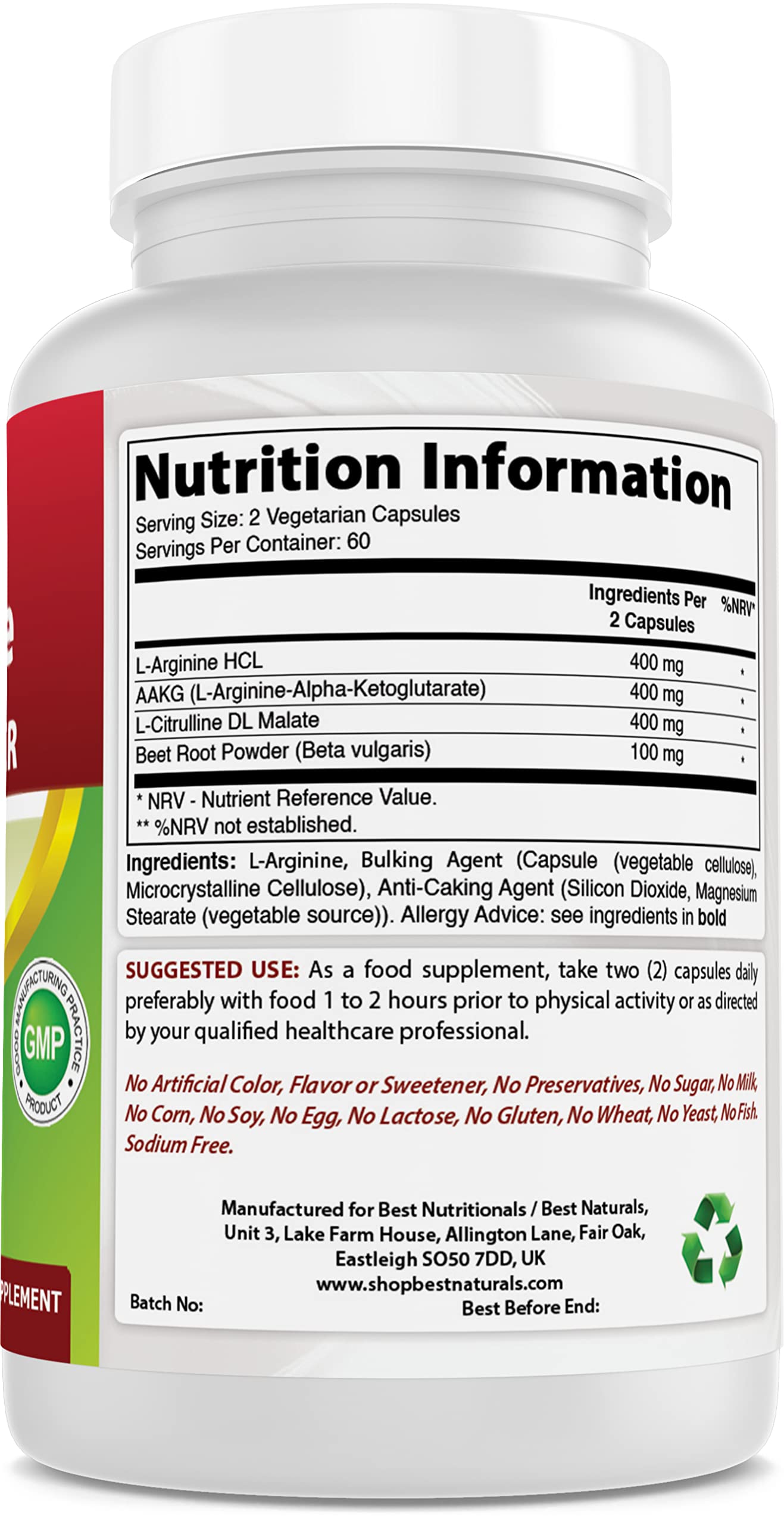 Best Naturals L-Arginine NO Booster Triple Strength 1300 mg Serving Veg Capsules, 120 Count