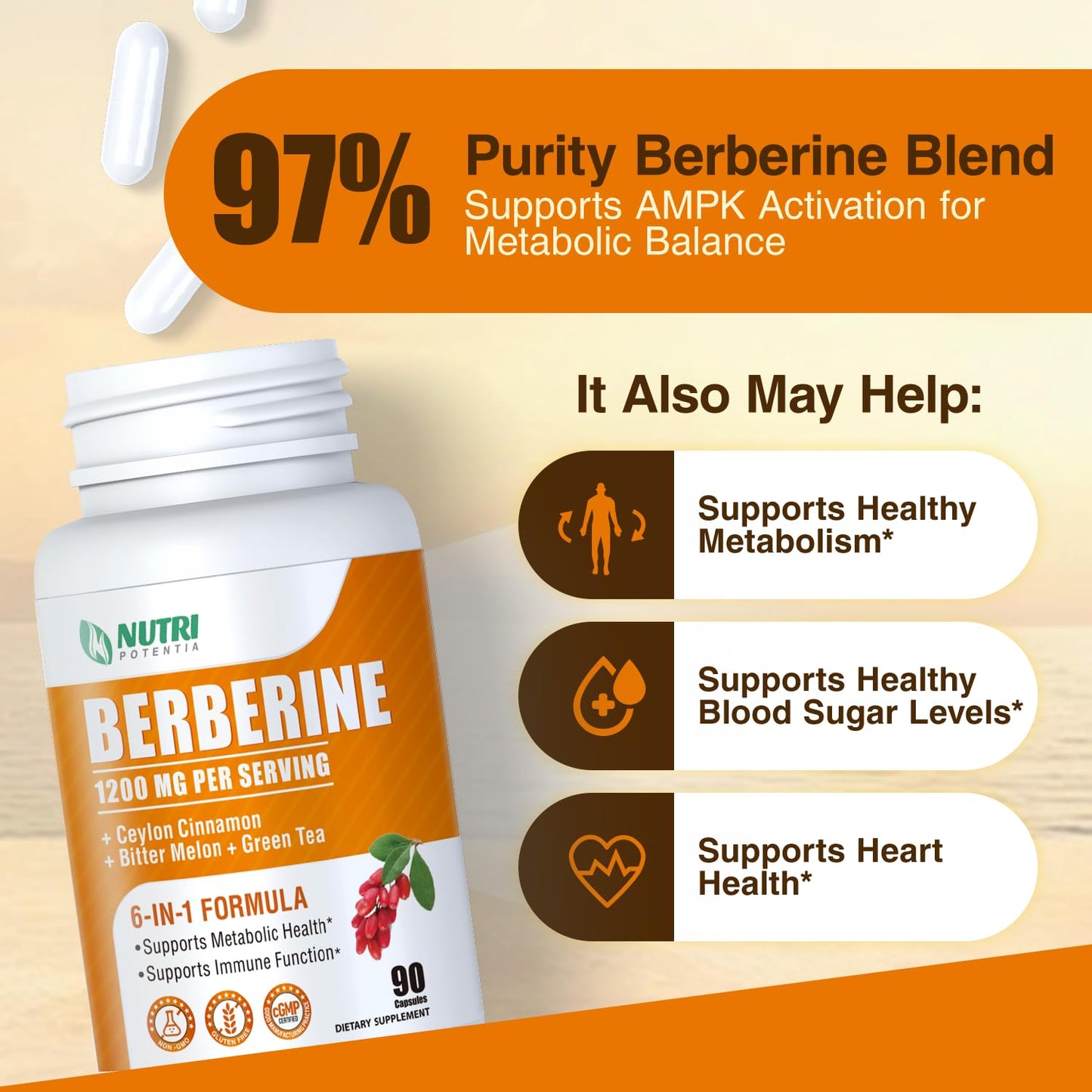 NUTRI POTENTIA Organic GLP-1 Berberine Supplement with Ceylon Cinnamon, Bitter Melon & Green Tea Extract, 90 Capsules