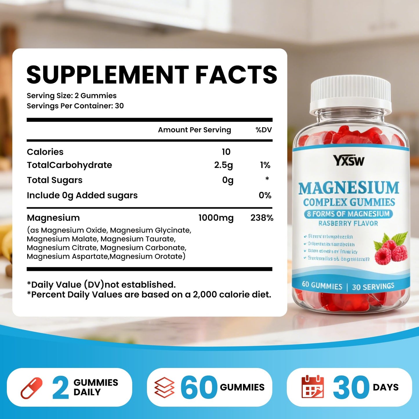 YXSW Magnesium Complex Gummies 8 Elemental 1000mg, Raspberry Flavor, 120 Gummies, Vegan Non-GMO, Supports Bones, Muscle & Nerve Health