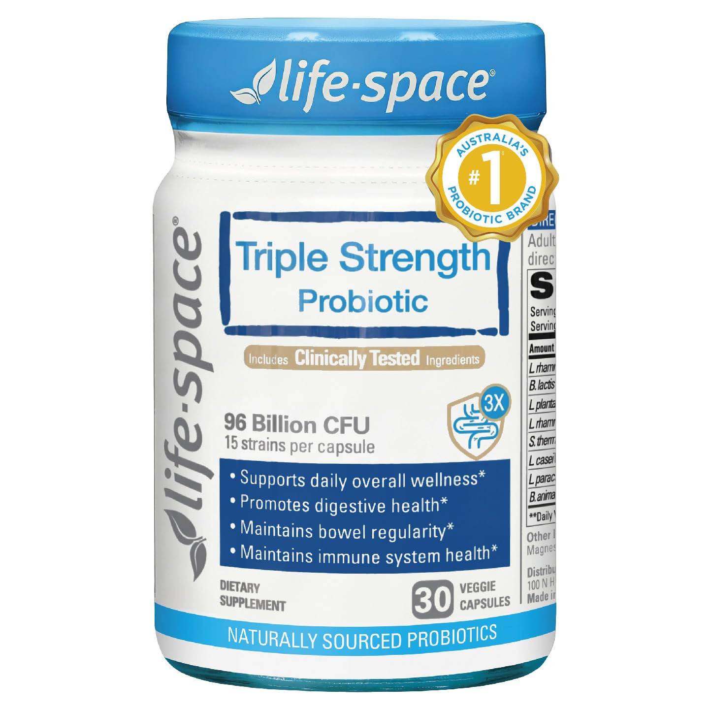 Life-Space Triple Strength Broad Spectrum Probiotic, 96 Billion CFU & 15 Diverse Strains Veg Capsules, 30 Count
