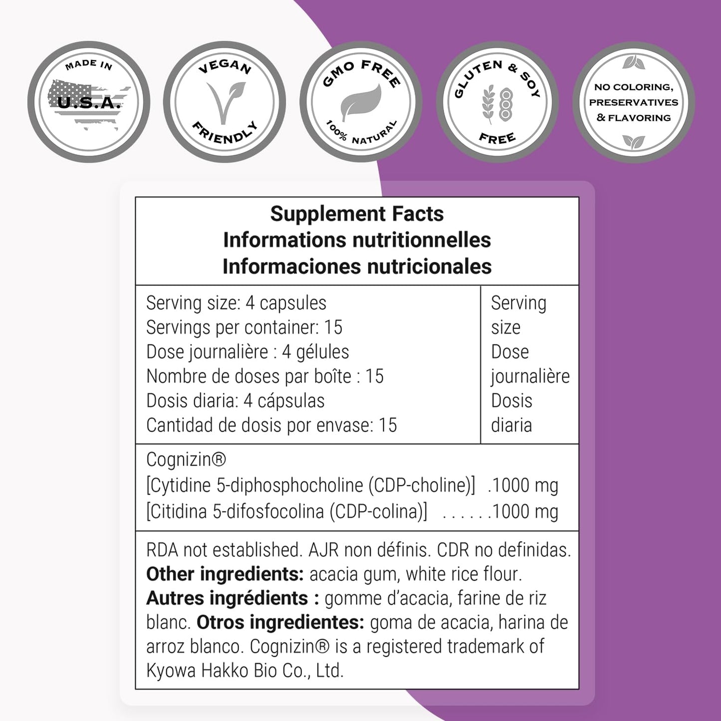Supersmart CDP Choline 1000mg Cognizin Citicoline Supplement Capsule 60 Count