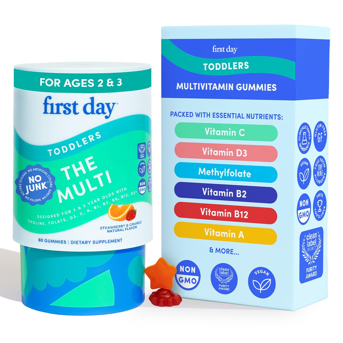 FIRST DAY Toddler Multivitamin Gummies (Ages 2-3)| Kids Multivitamin Gummies with Vitamins A C D3, B2, B12, Choline, Folate and 21 Organic Superfoods| (30 Day Supply)