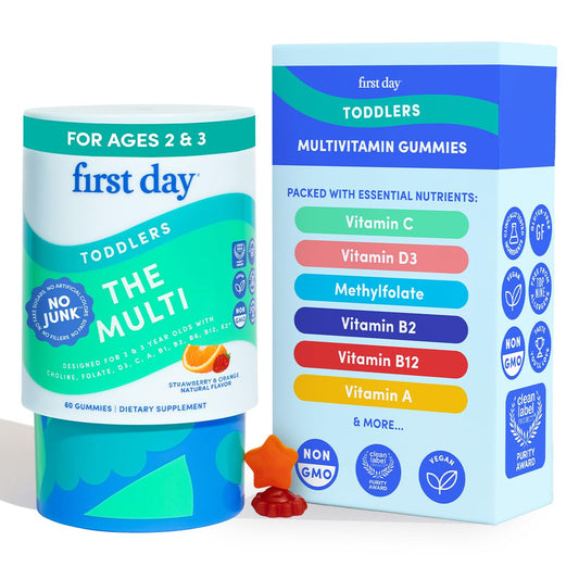 FIRST DAY Toddler Multivitamin Gummies (Ages 2-3)| Kids Multivitamin Gummies with Vitamins A C D3, B2, B12, Choline, Folate and 21 Organic Superfoods| (30 Day Supply)