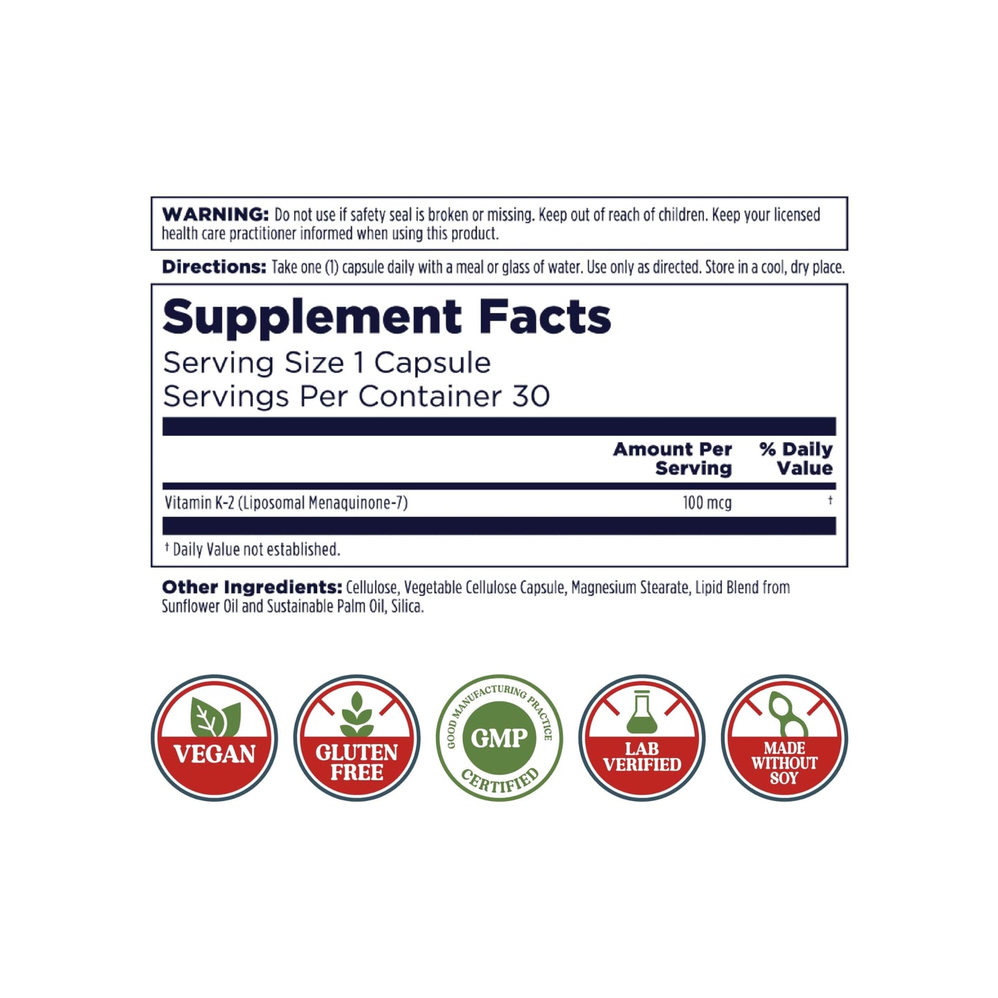 KAL Liposomal Vitamin K2 with MK-7 100 mcg Capsules, 30 Count