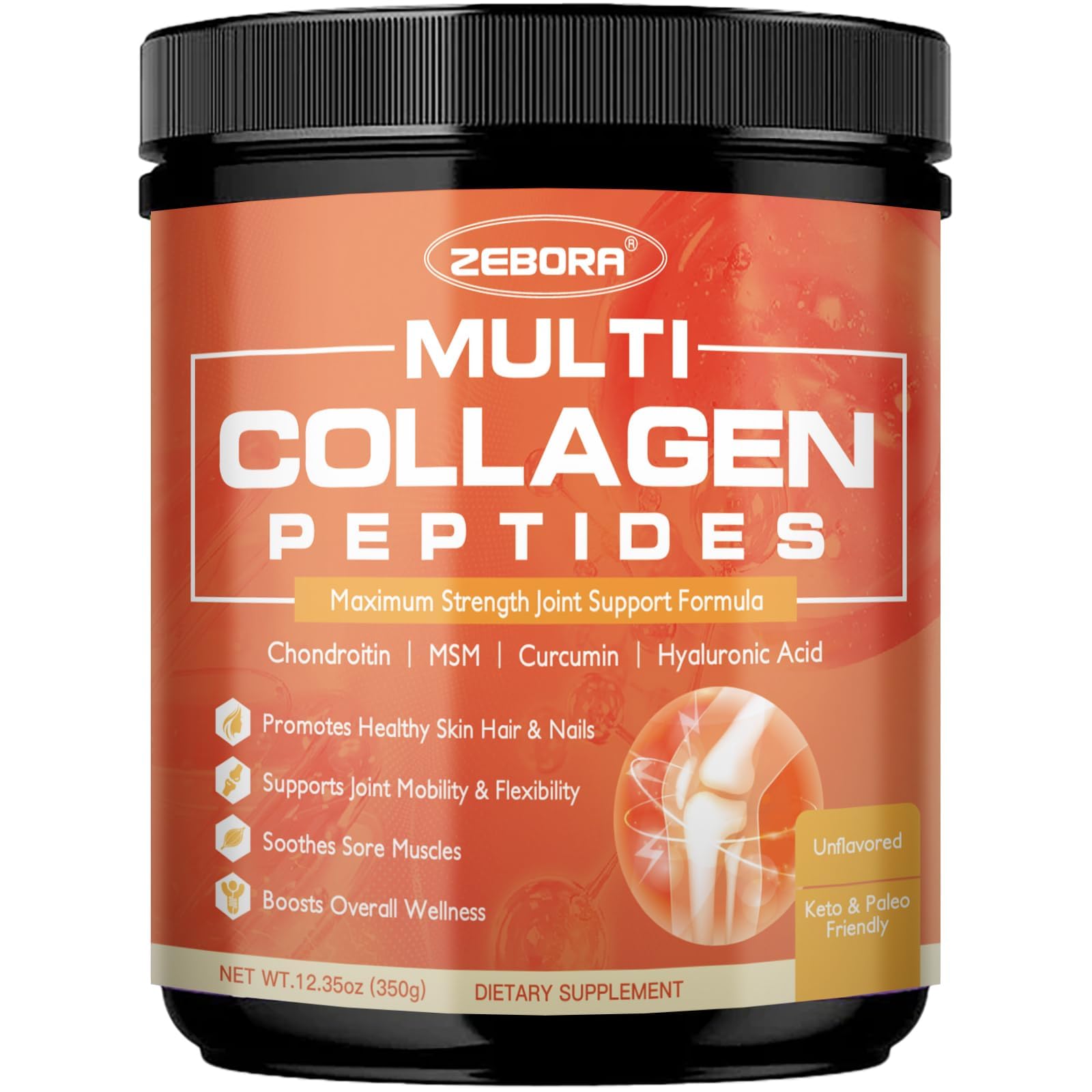 ZEBORA Multi-Collagen-Peptides Powder with MSM & CS for Joints, Type I II III V X Hydrolyzed Collagen Peptides with Hyaluronic Acid & Vitamin C for Hair, Skin, Nails, Non-GMO, 12.35 Ounce