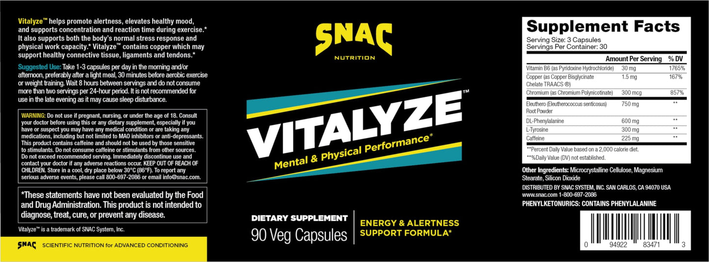 SNAC Vitalyze Mental Alertness & Physical Performance Formula - Vitamin B6 Capsules, 90 Count