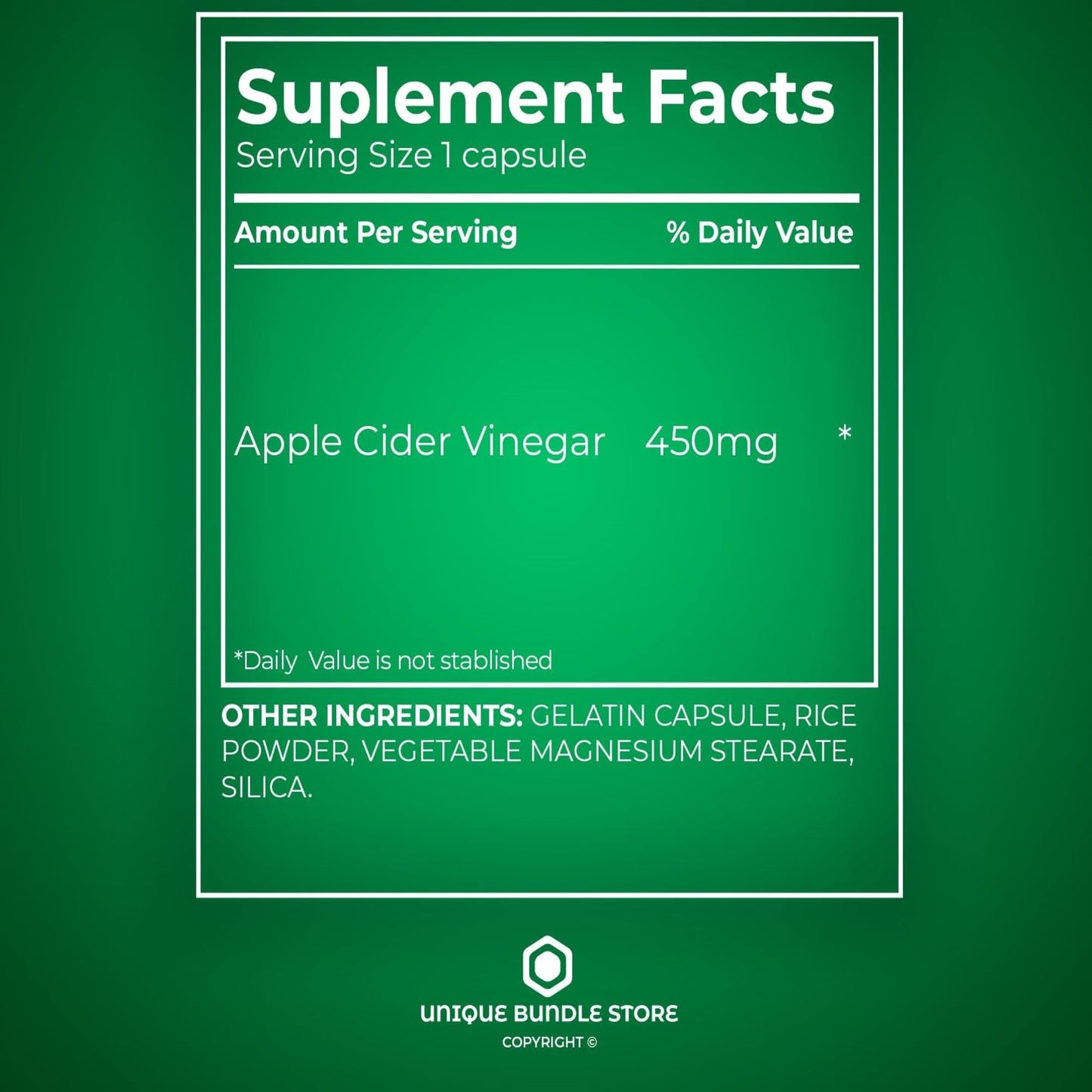 Unique Bundle Store Apple Cider Vinegar 450mg Capsules 100 Count