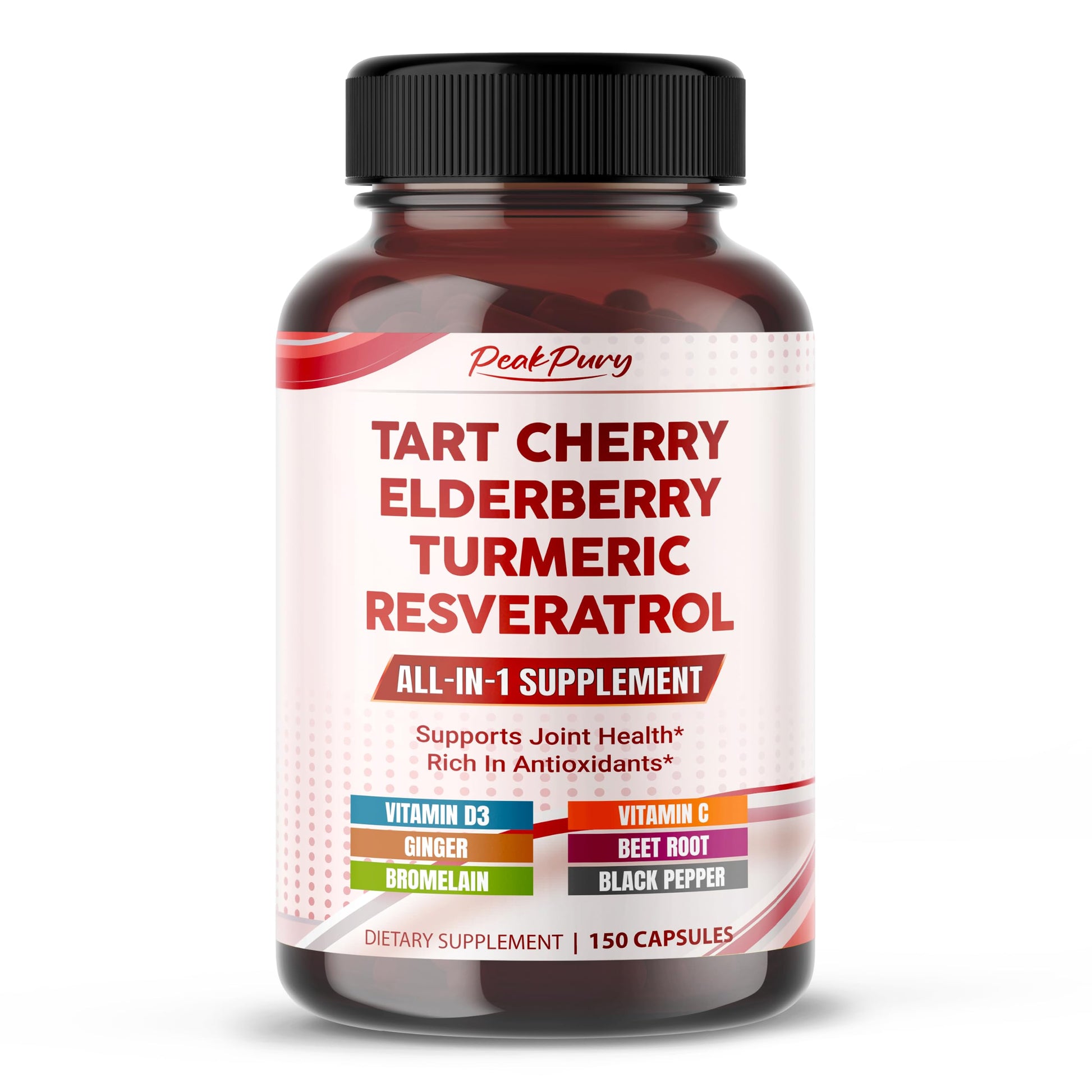 PEAKPURY Tart Cherry Elderberry Turmeric Resveratrol Capsule, 150 Count