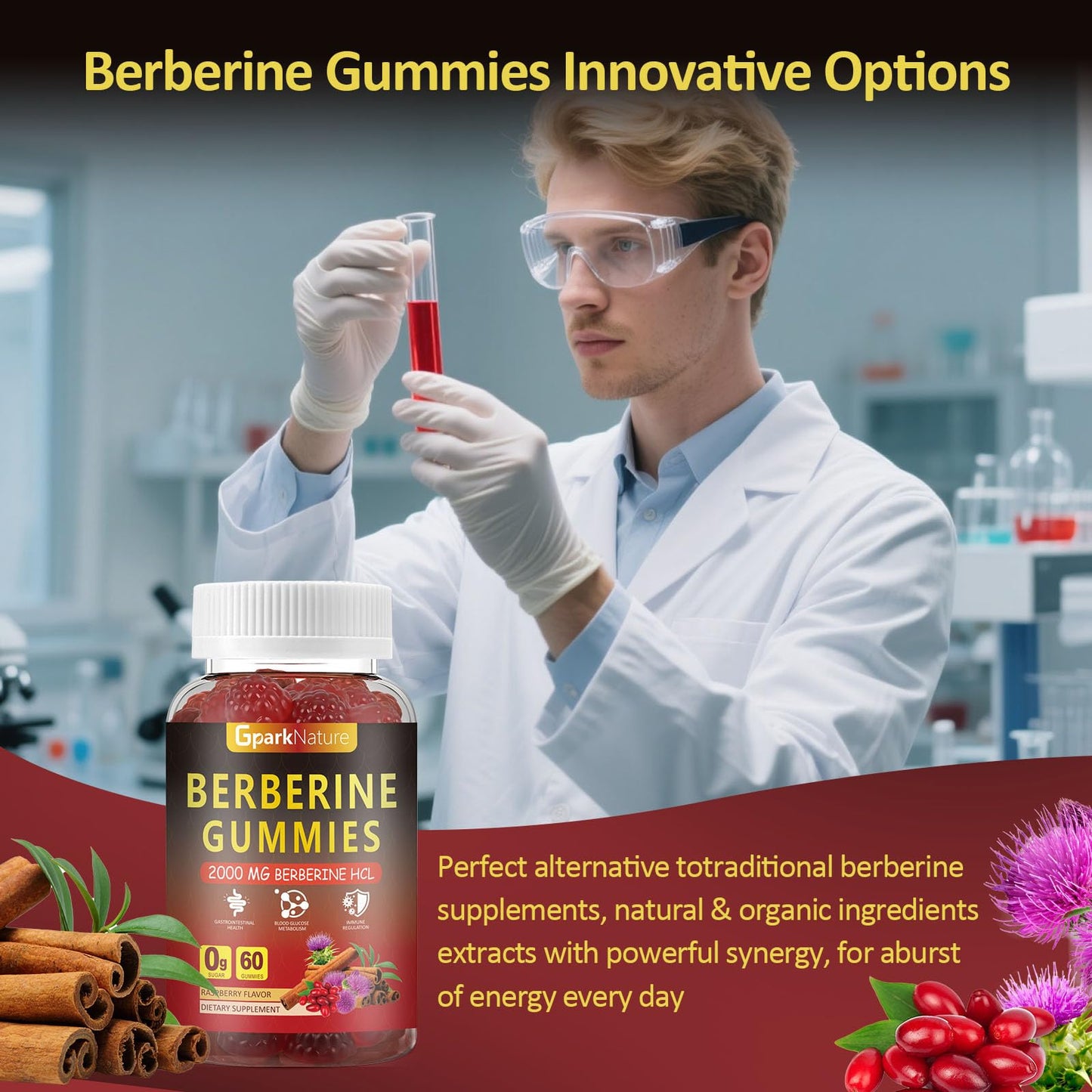 GparkNature Berberine Gummies 2000 mg with Ceylon Cinnamon, Turmeric, Milk Thistle, Magnesium, Chromium for Immune Support, Sugar Free, Vegan Raspberry Flavor, 60 Count