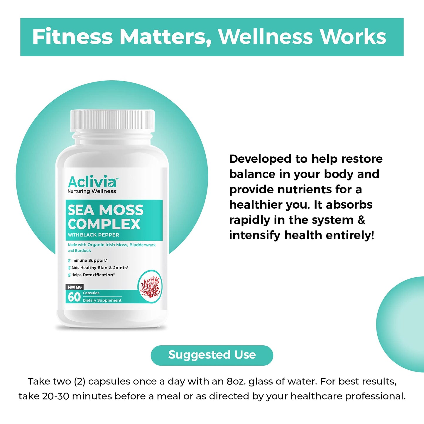 Aclivia Organic Irish Sea Moss Capsules with Bladderwrack & Burdock Root, 102 Minerals Sea Moss Supplement, Thyroid Support, Immune Boost, Non-GMO, 60 Capsules