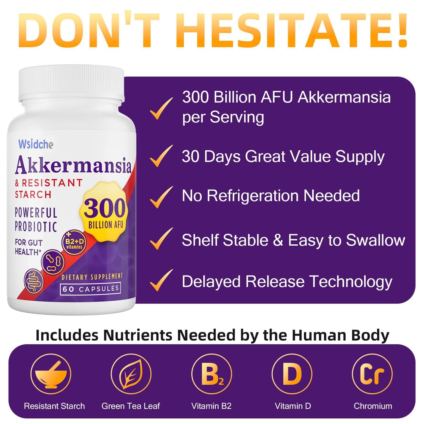 Wsidche Akkermansia Muciniphila Probiotic Capsules 300 Billion AFU, 120 Count