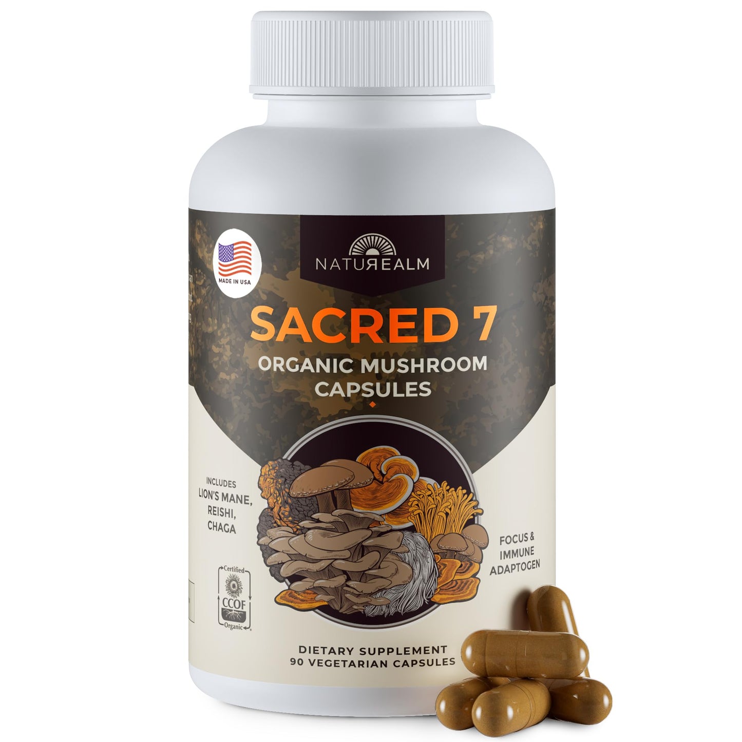 Naturealm Sacred 7 Mushrooms Supplement 1000mg Capsules, 90 Count