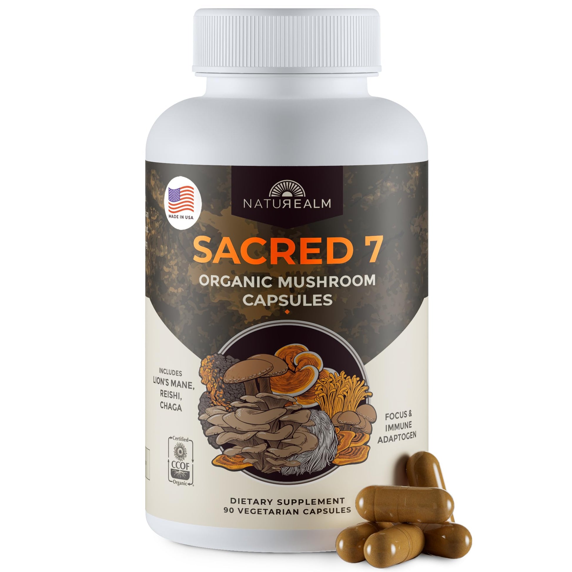 Naturealm Sacred 7 Mushrooms Supplement 1000mg Capsules, 90 Count