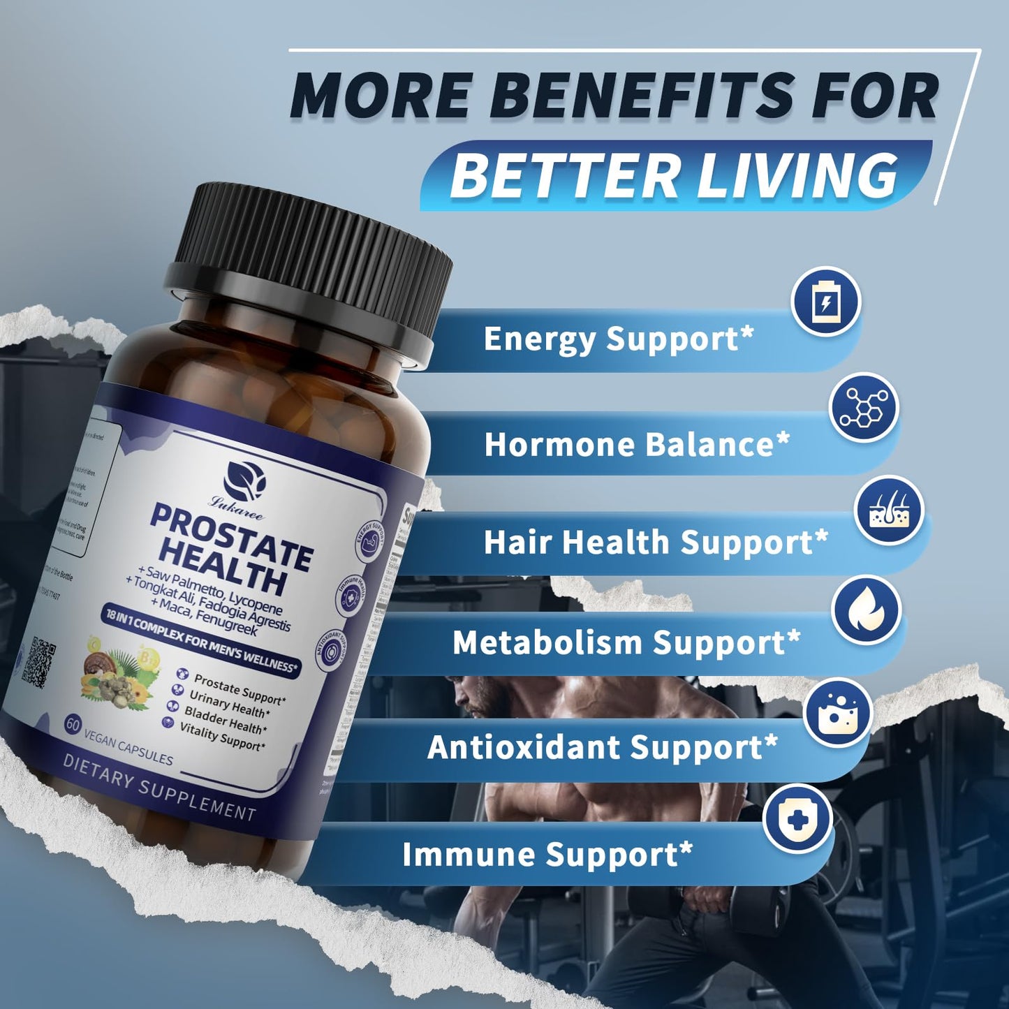 Lukaree Prostate Health Supplements for Men - 18 in 1 Saw Palmetto with Pumpkin Seed & Nettle - Advanced DHT Blocker - Urinary Tract Health Support with Ashwagandha, Reishi, 120 Capsules