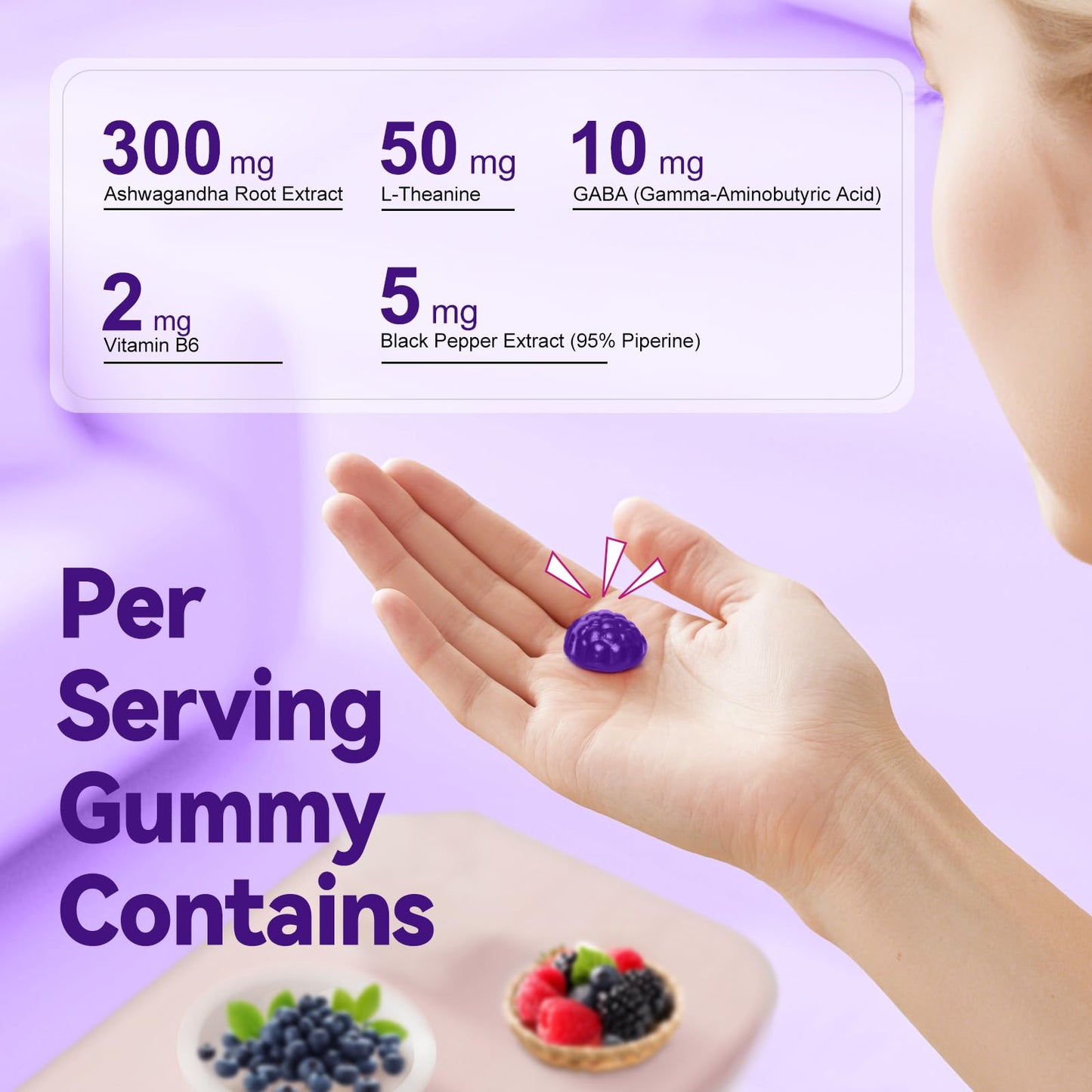 PeakVigor Ashwagandha Gummies 300mg + L-Theanine 50mg, GABA & Vitamin B6 – Plant-Based Mixed Berry Formula with Black Pepper, 120 Gummies