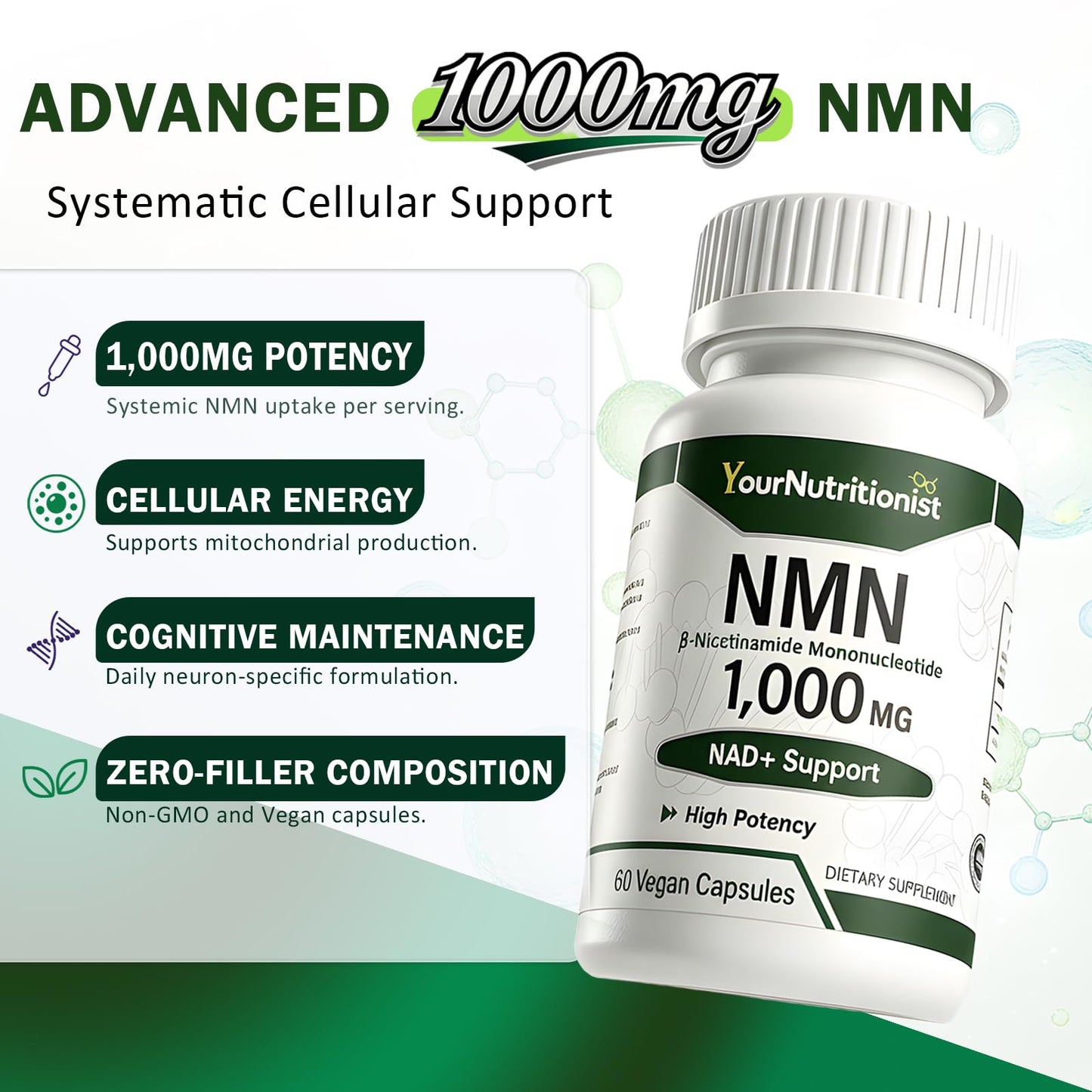 Your Nutritionist NMN Supplement 1000mg Per Serving, 99.9% Pure NAD+ Precursor Capsules, 60 Count