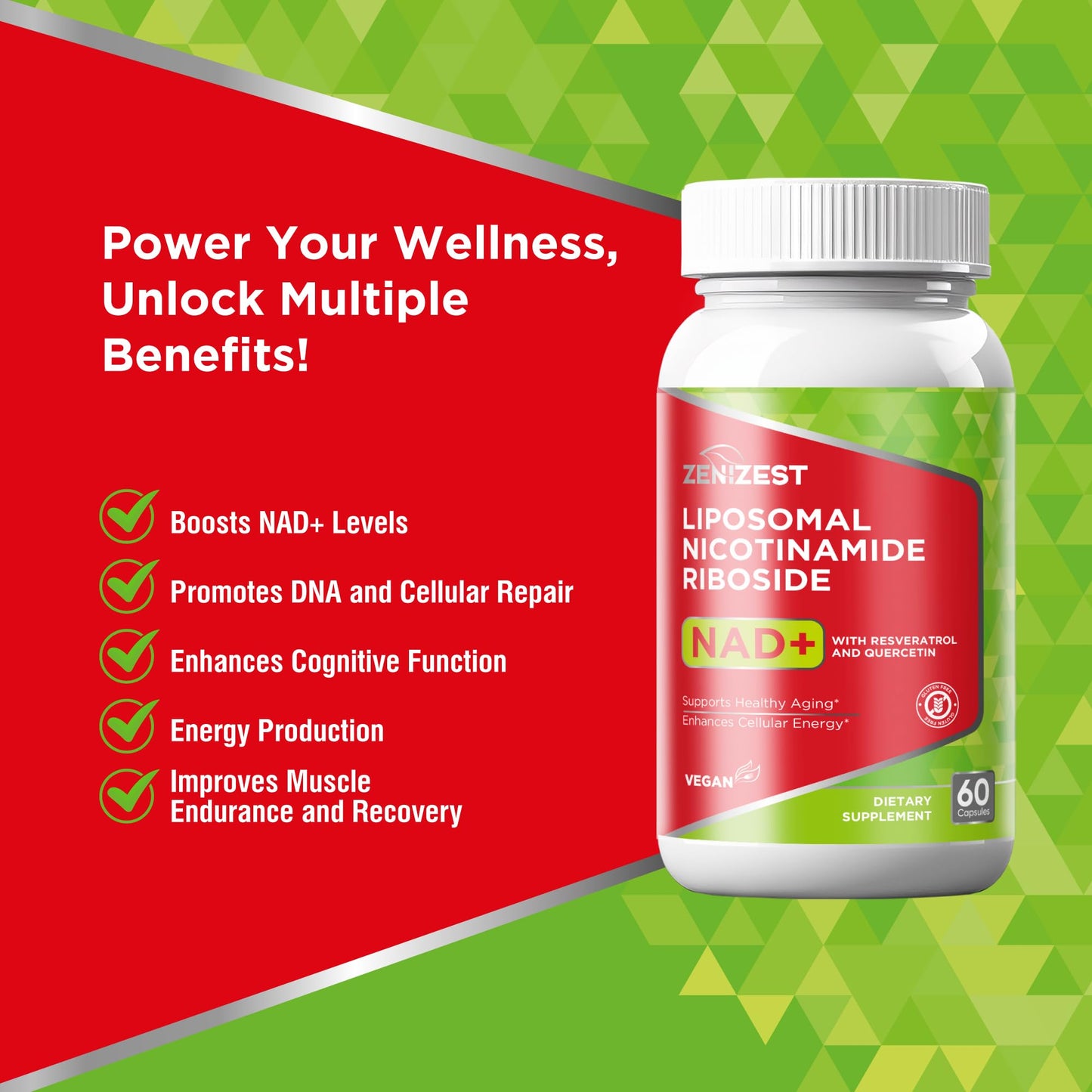 ZeniZest NAD+ Supplement Liposomal Nicotinamide Riboside Capsules, 60 Count