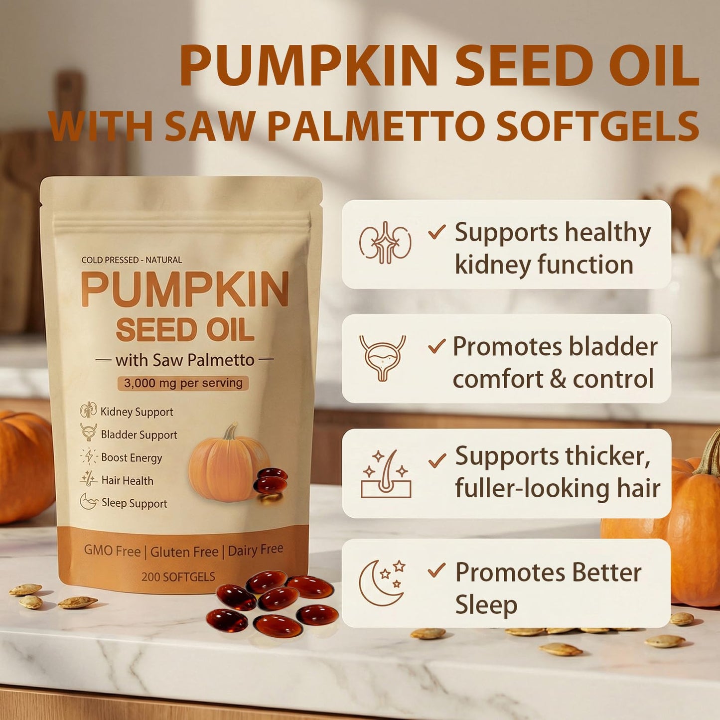 Wuliao Pumpkin Seed Oil Softgels 3000mg with Saw Palmetto Capsule, 1 Count