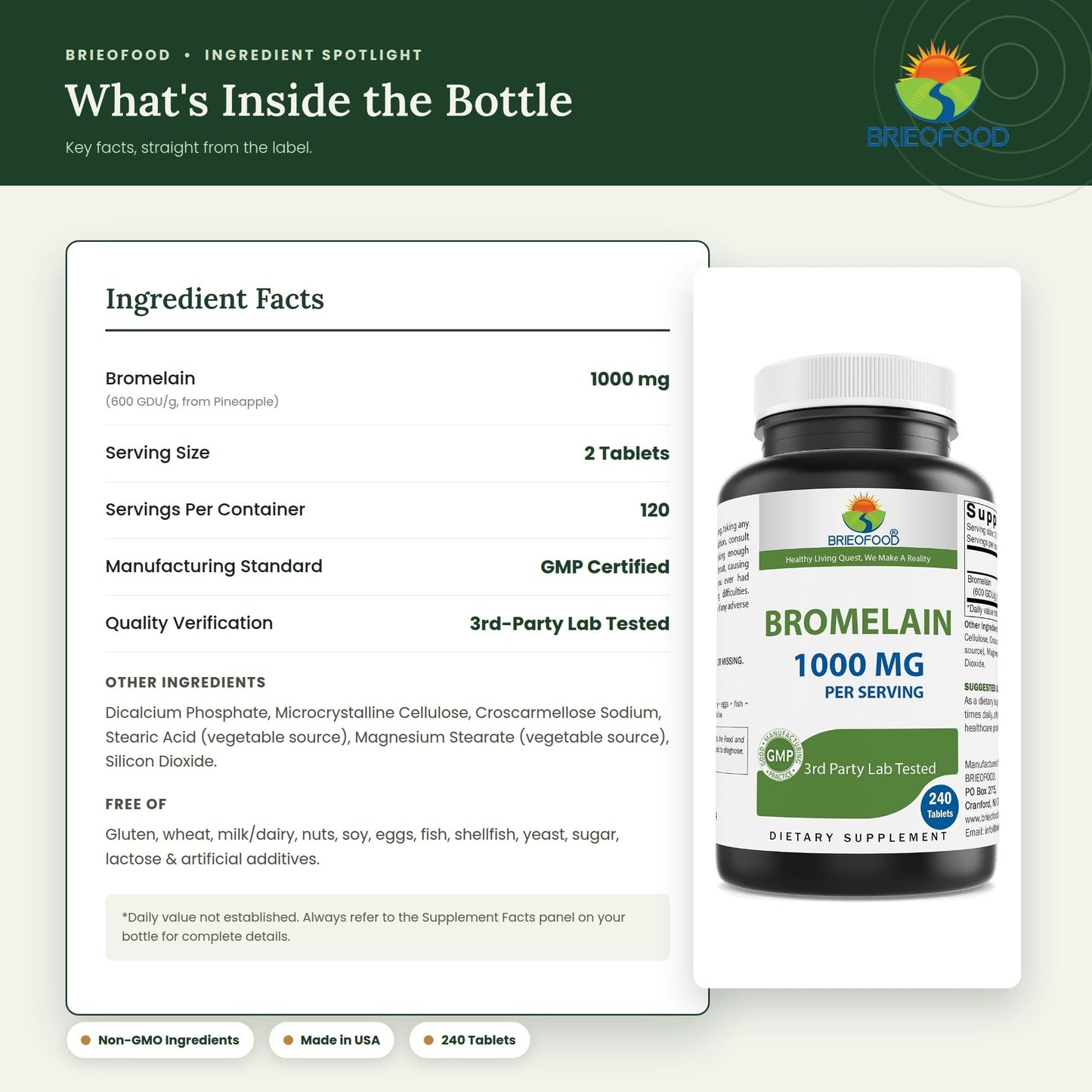 Brieofood Bromelain 1000mg per Serving Proteolytic Digestive Enzyme Supports Healthy Digestion, Joint Health, Nutrient Absorption, 240 Tablets