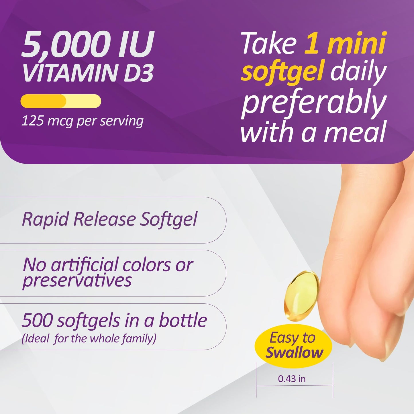 Prati Donaduzzi Vitamin D3 5000 IU (125 mcg) Softgel 500 Count