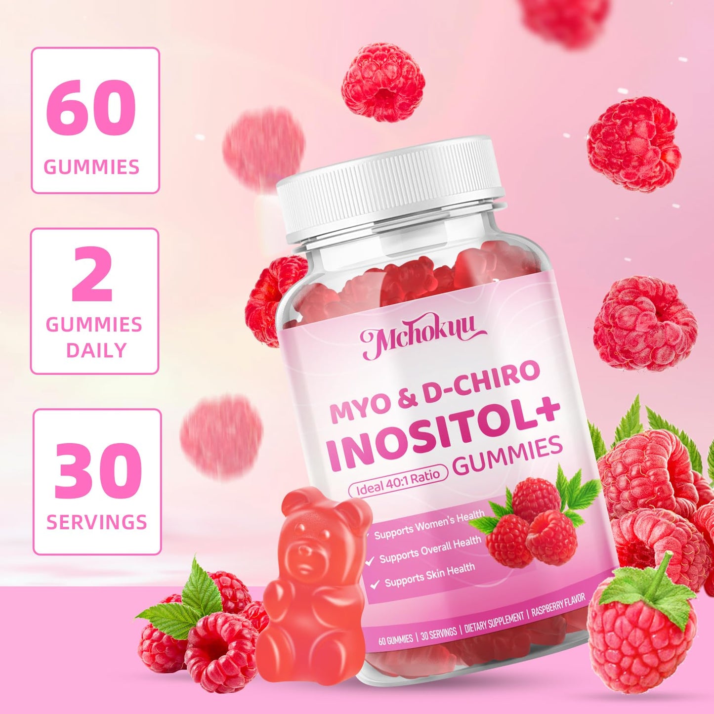 Mchokuu Myo-Inositol & D-Chiro Inositol Gummies, Ideal 40:1 Ratio Supplement for Women with Vitamin D3 & B12 for Support Hormonal Balance & Wellness, Sugar Free, Raspberry, 60 Count