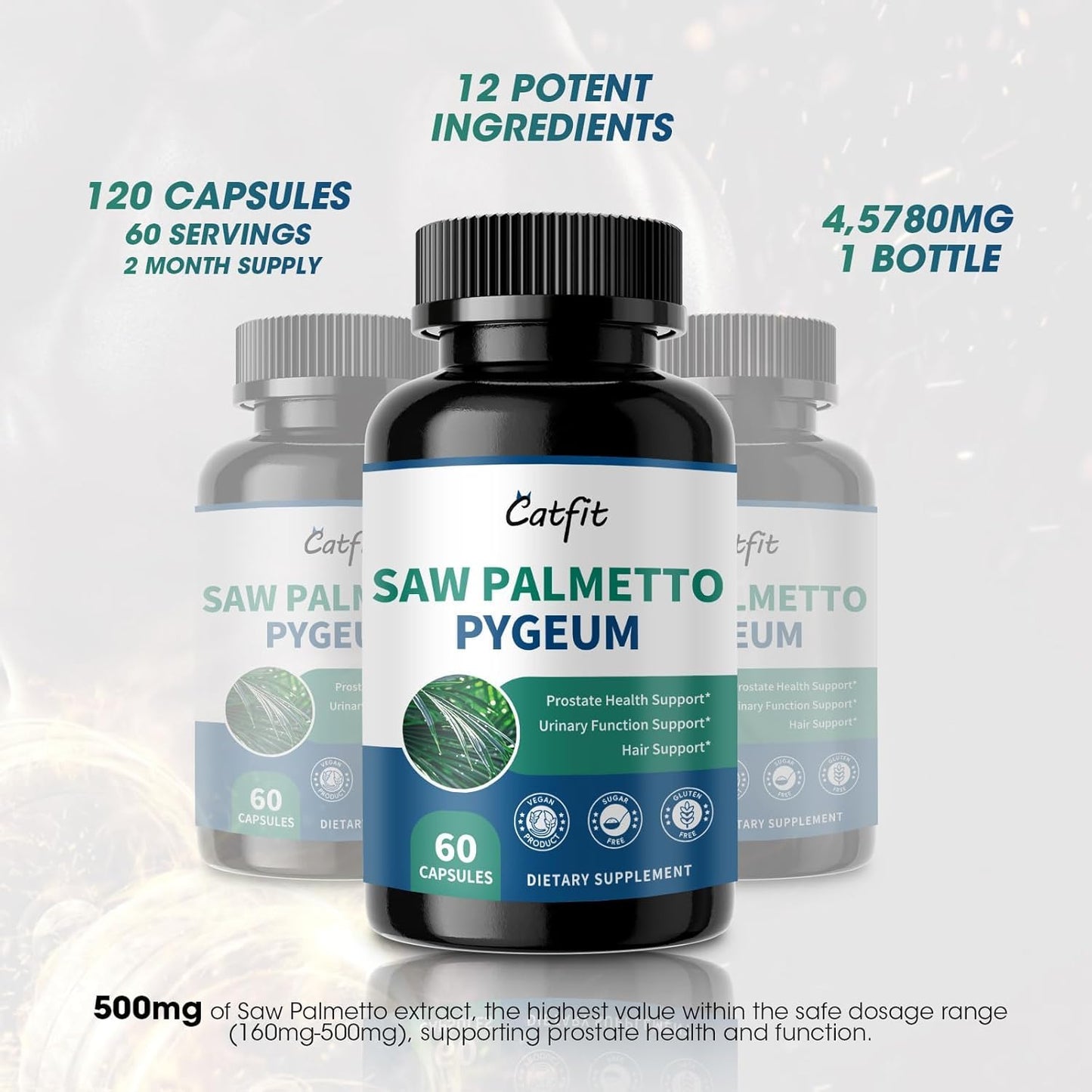 Catfit Saw Palmetto for Men - Prostate Health DHT Blocker with Pumpkin Seed Oil and Pygeum - Urinary Health and Hair Support Capsules, 60 Count