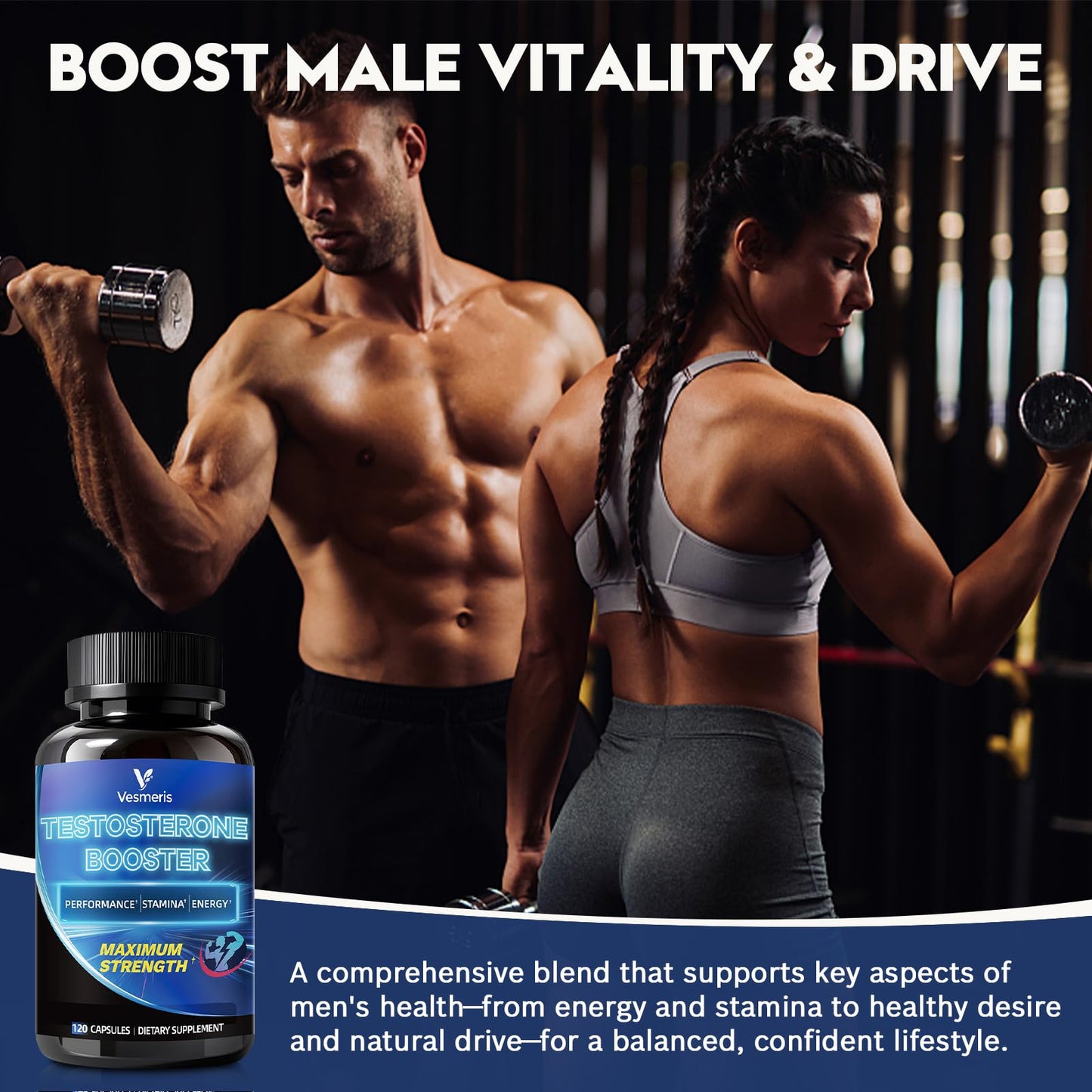 Vesmeris Testosterone Booster for Men - 16-in-1 Complex Male Enhancing Supplement - Tongkat Ali, Fenugreek, Horny Goat Weed - Natural Workout Supplement for Energy, Stamina, Muscle, Strength & Drive - 120 Capsules
