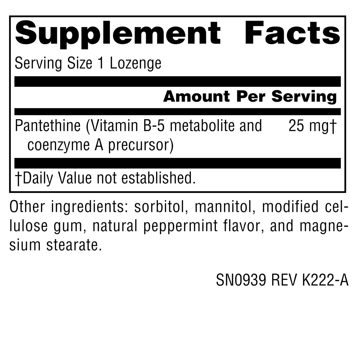 Source Naturals Pantethine B-5 Coenzyme Precursor Lozenges, 25 mg, 60 Count
