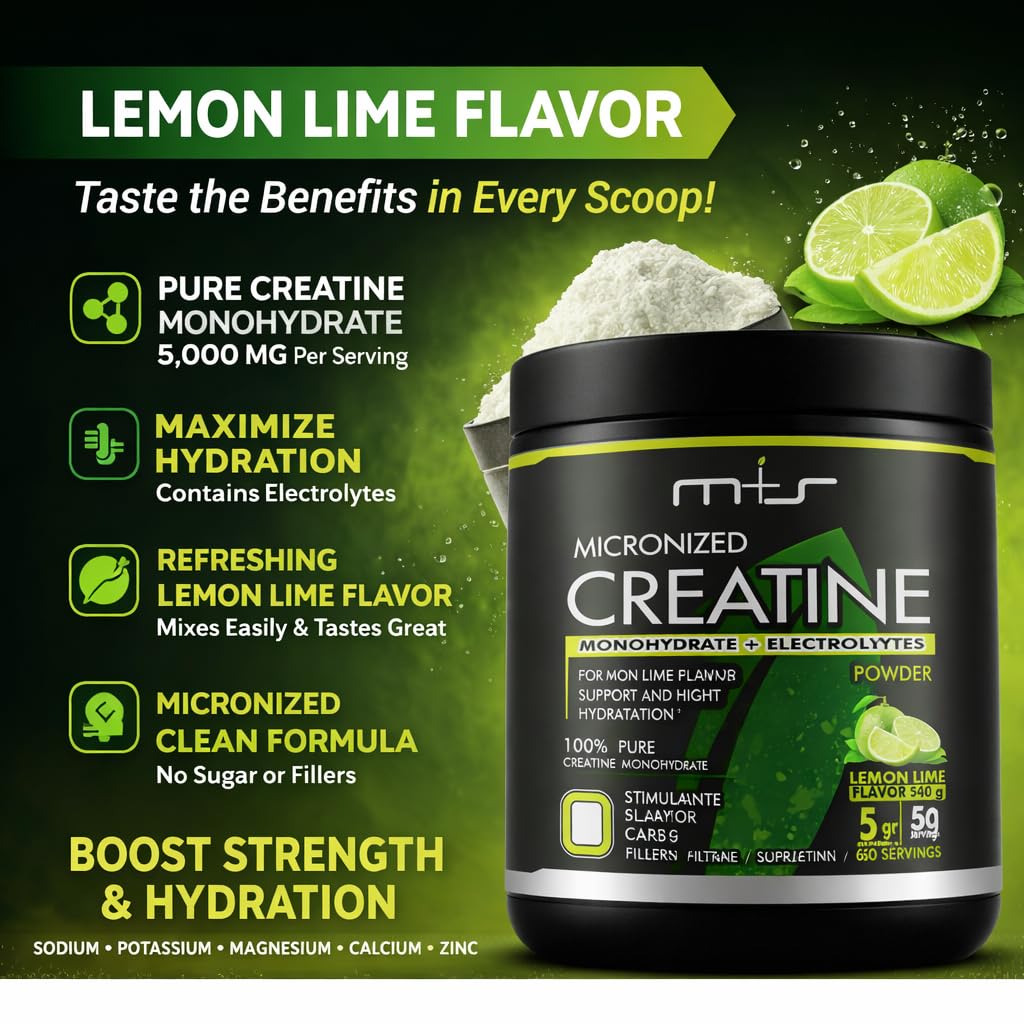 M+S Creatine Electrolytes, Micronized Monohydrate Powder Lemon Lime, 19.04 oz