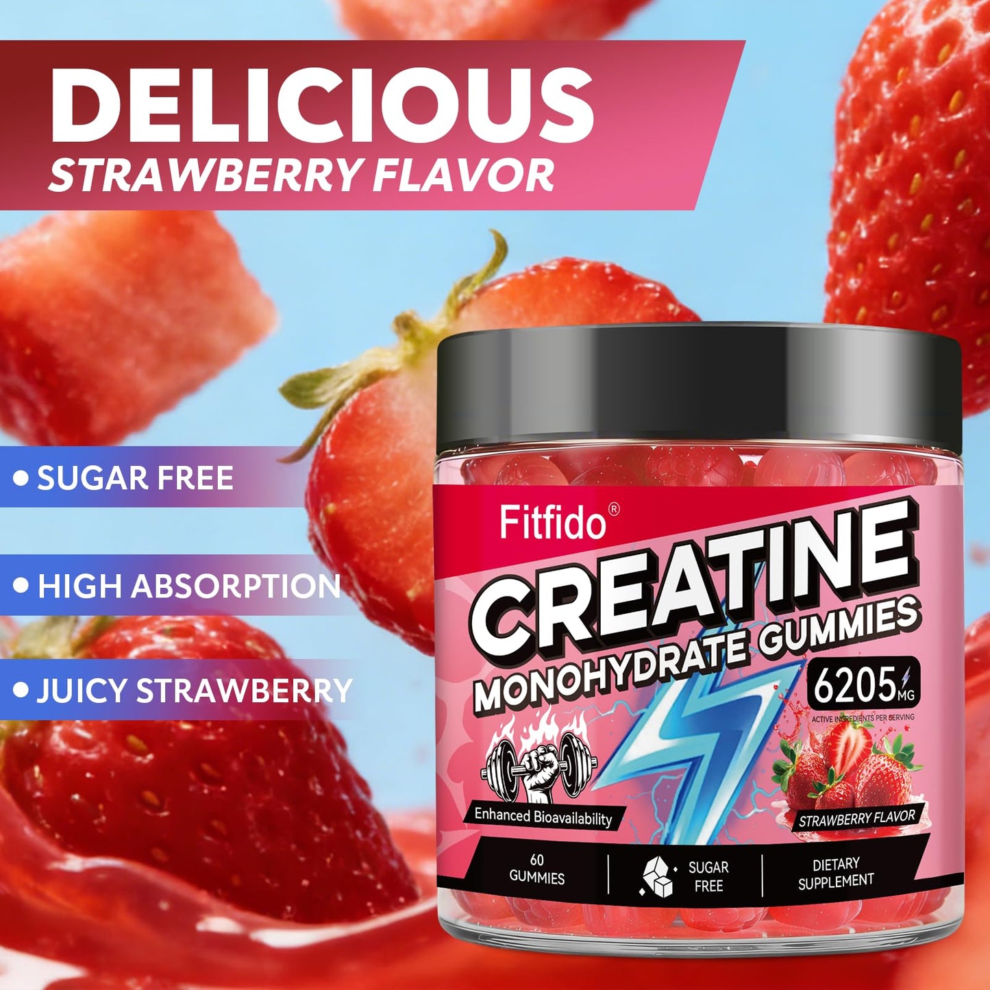 Fitfido Creatine Monohydrate Gummies 5000mg with L-Carnitine, 60 Gummies