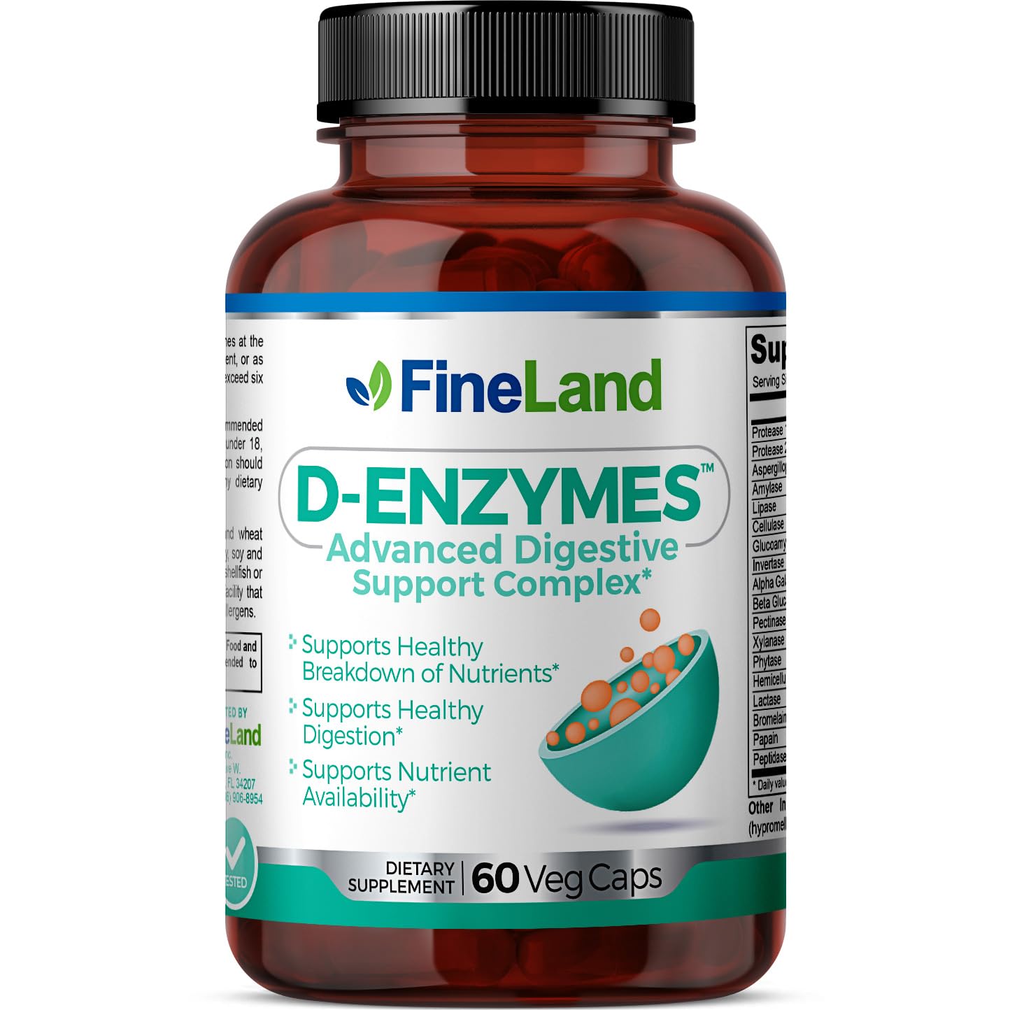 FineLand D-ENZYMES Advanced Digestive Support Complex, Breakdown of Nutrients, Digestion, Hemicellulose, Peptidase, 60 Capsules