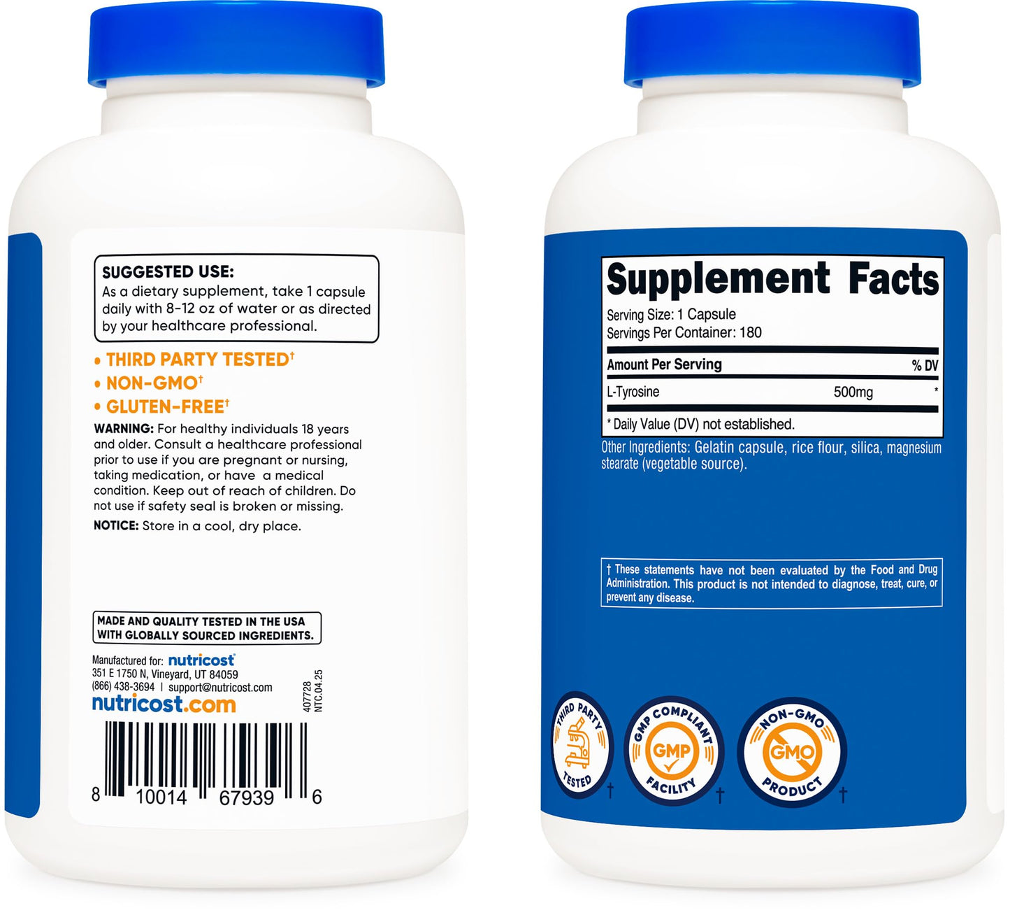 Nutricost L-Tyrosine 500mg Capsules, 180 Count