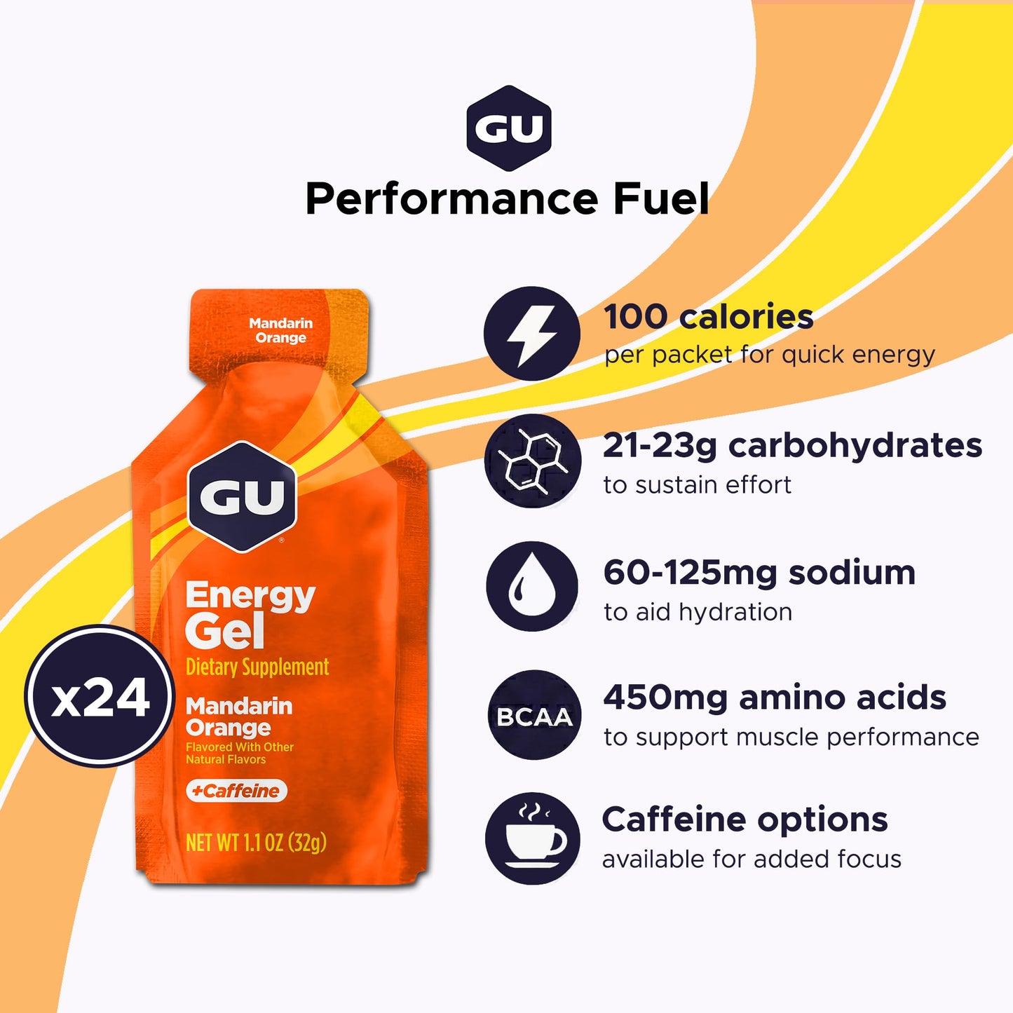 GU Energy Original Sports Nutrition Energy Gel, Mandarin Orange, 24 Count Box