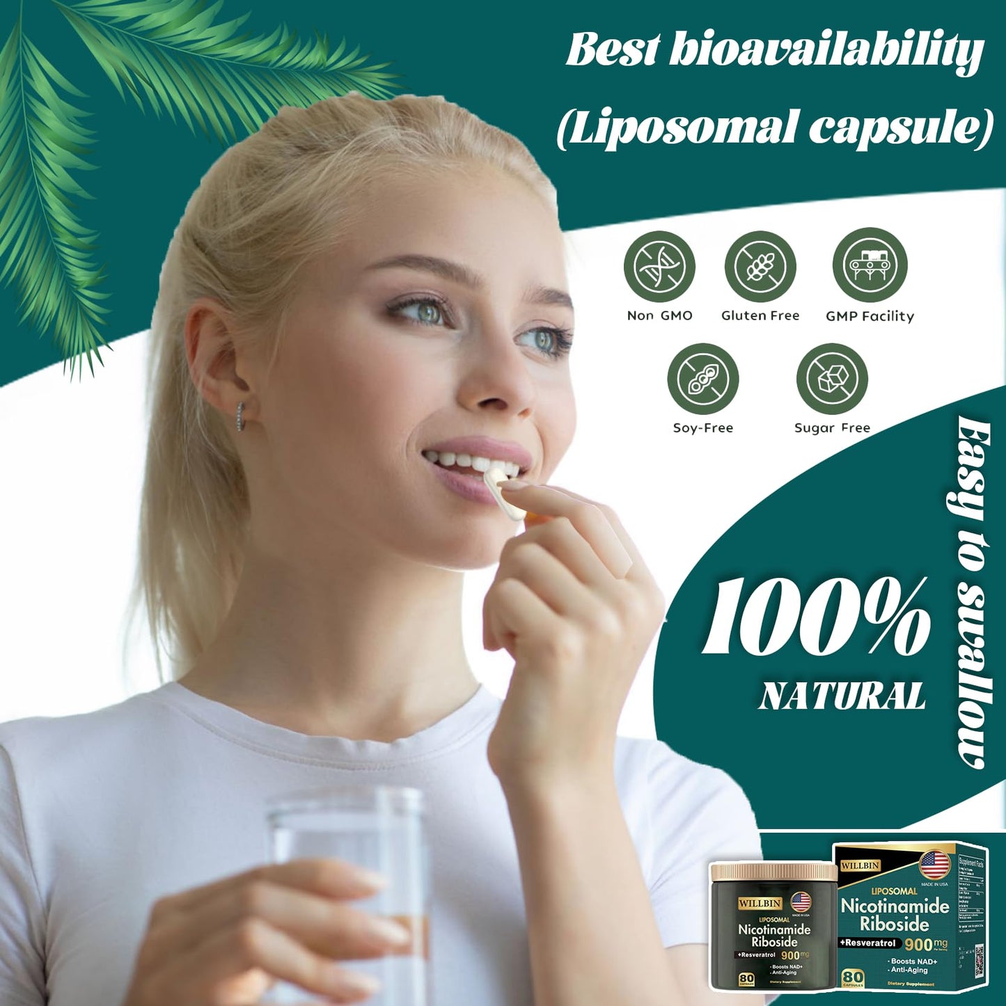 Willbin Liposomal NAD+ Supplement, 900mg Nicotinamide Riboside with Resveratrol, Anti-Aging Energy & Focus Support for Women & Men, 80 Capsules