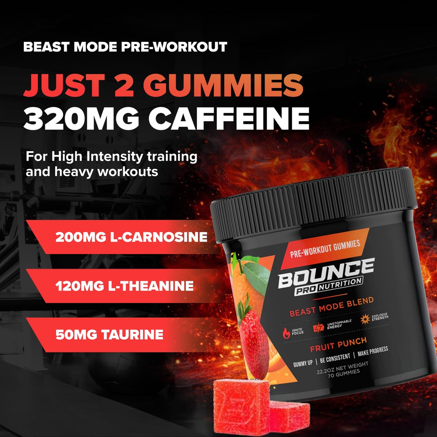 Bounce Pro Pre Beast Mode Workout Gummies with Caffeine, Beta-Alanine & L-Tyrosine for Energy, Focus & Training Intensity, 70 Gummies