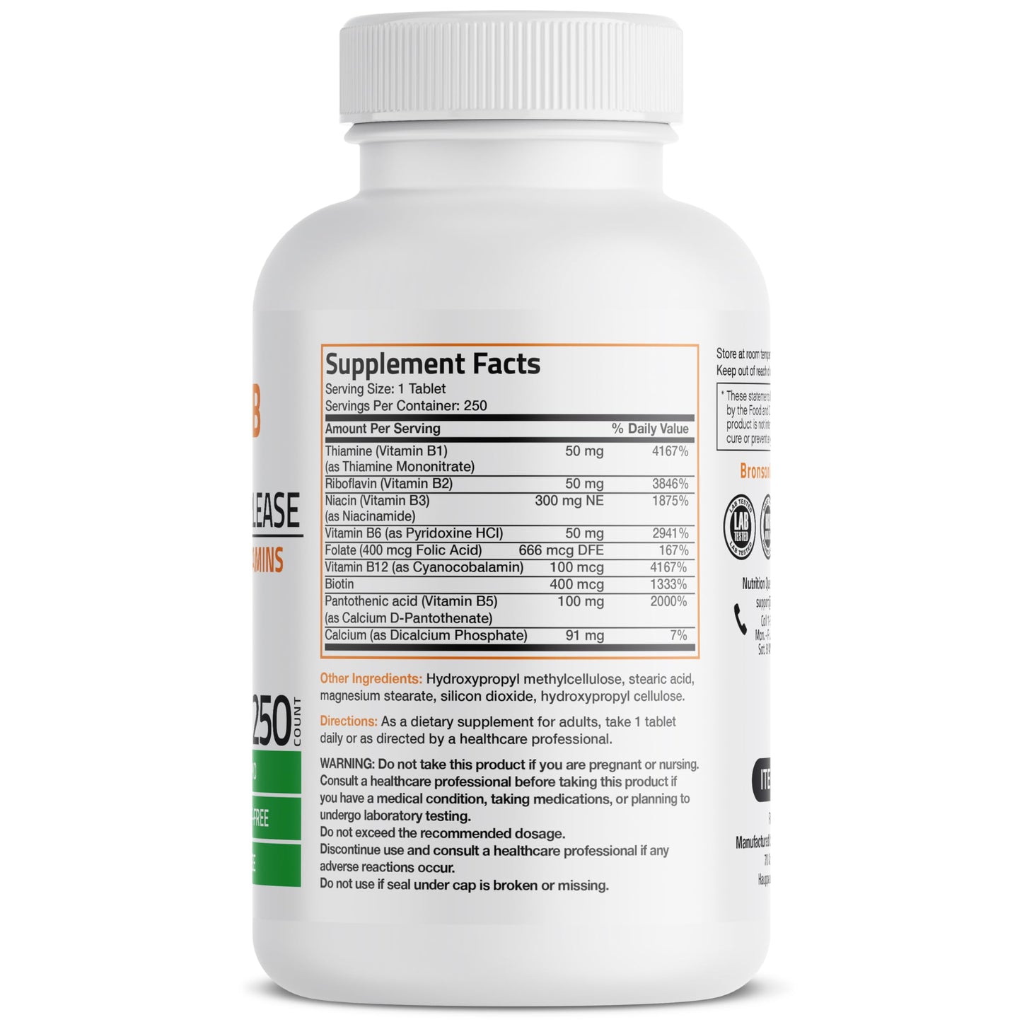 Bronson Super B Vitamin B Complex Sustained Release for Energy Tablets, 250 Tablets