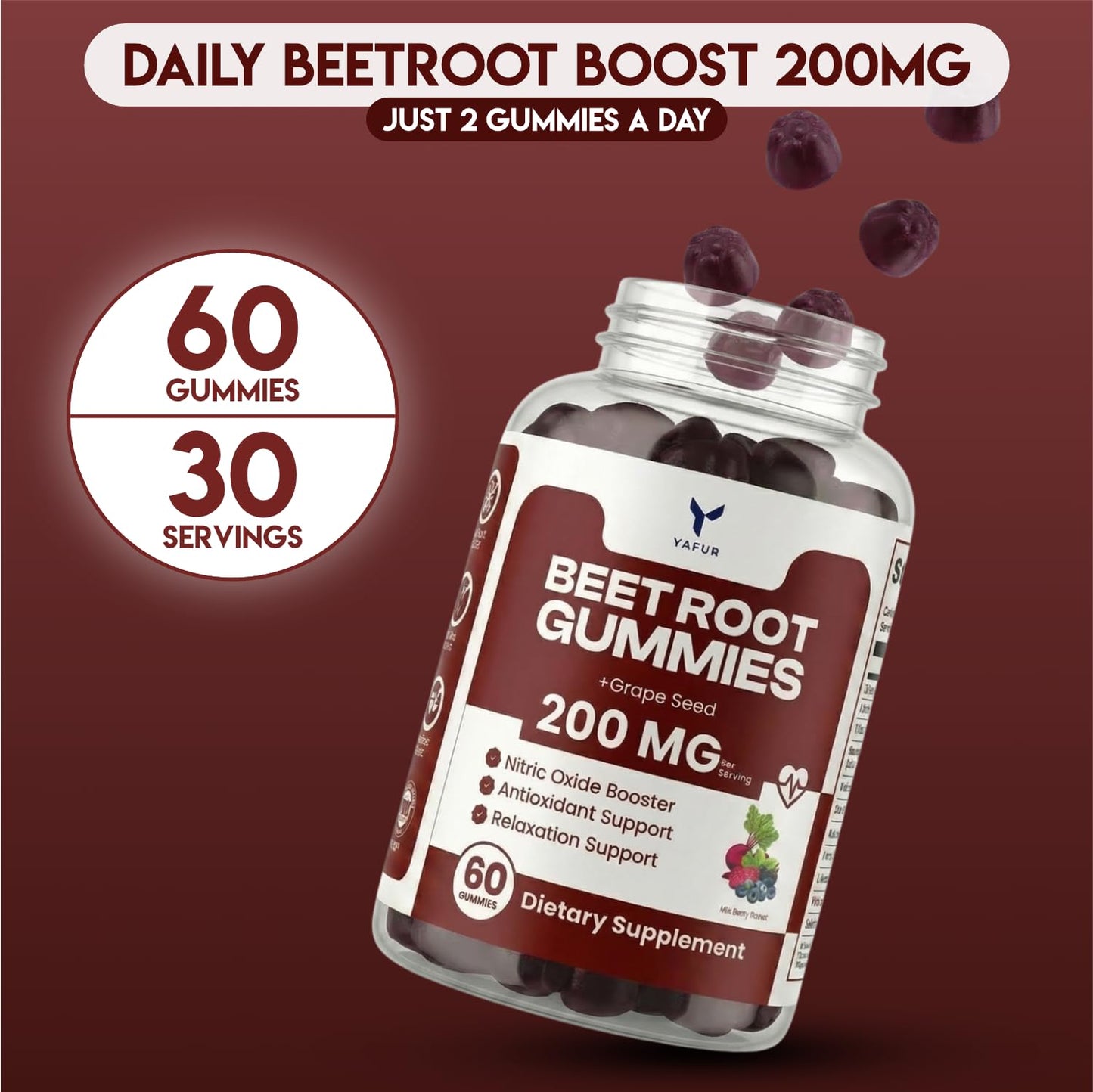 Yafur LLC Beet Root Gummies for Blood Pressure Support with COQ10 100mg, Grapeseed Extract, Vitamin B12, C, B6, Niacin, Vegan Non-GMO & Gluten Free, 60 Gummies