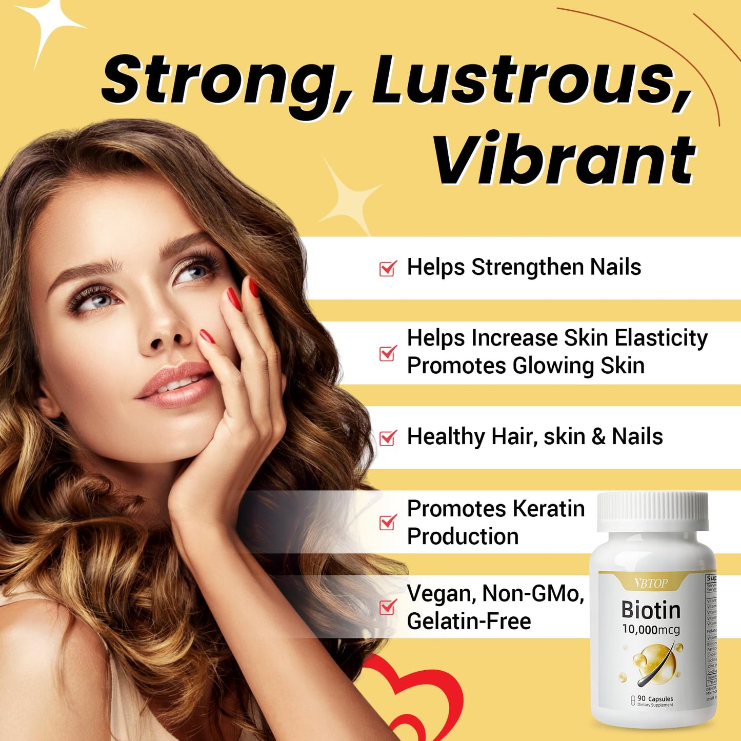 VBTOP Biotin 10000mcg Supplement with Vitamin A/C/D/E/B Complex, Non-GMO Gluten & Soy Free, Supports Hair Growth, Nail Strength & Skin Radiance, Capsule, 180 Capsules