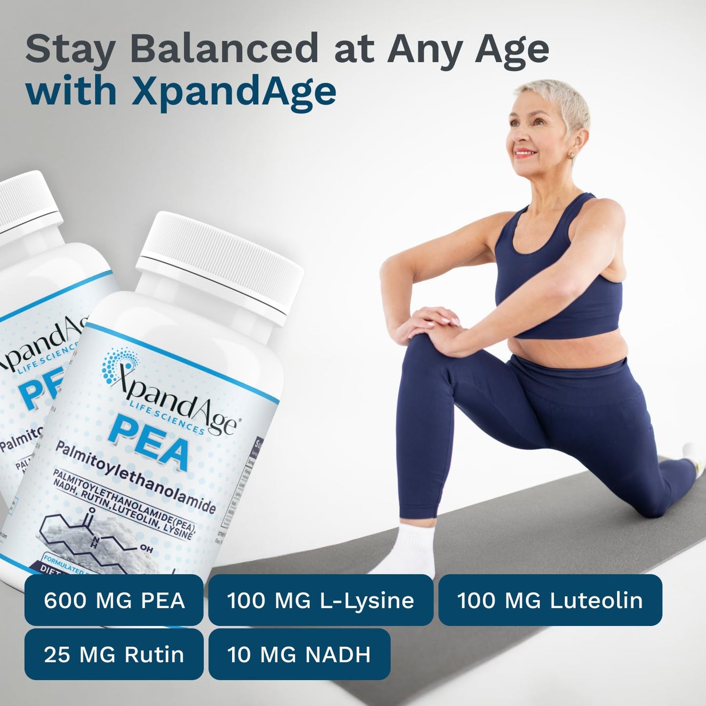 XpandAge Life Sciences Palmitoylethanolamide (micronized pea) with Luteolin, NADH, Rutin and Lysine for Immunity, Nervous System Support and Overall Wellness, Capsule, 60 Count