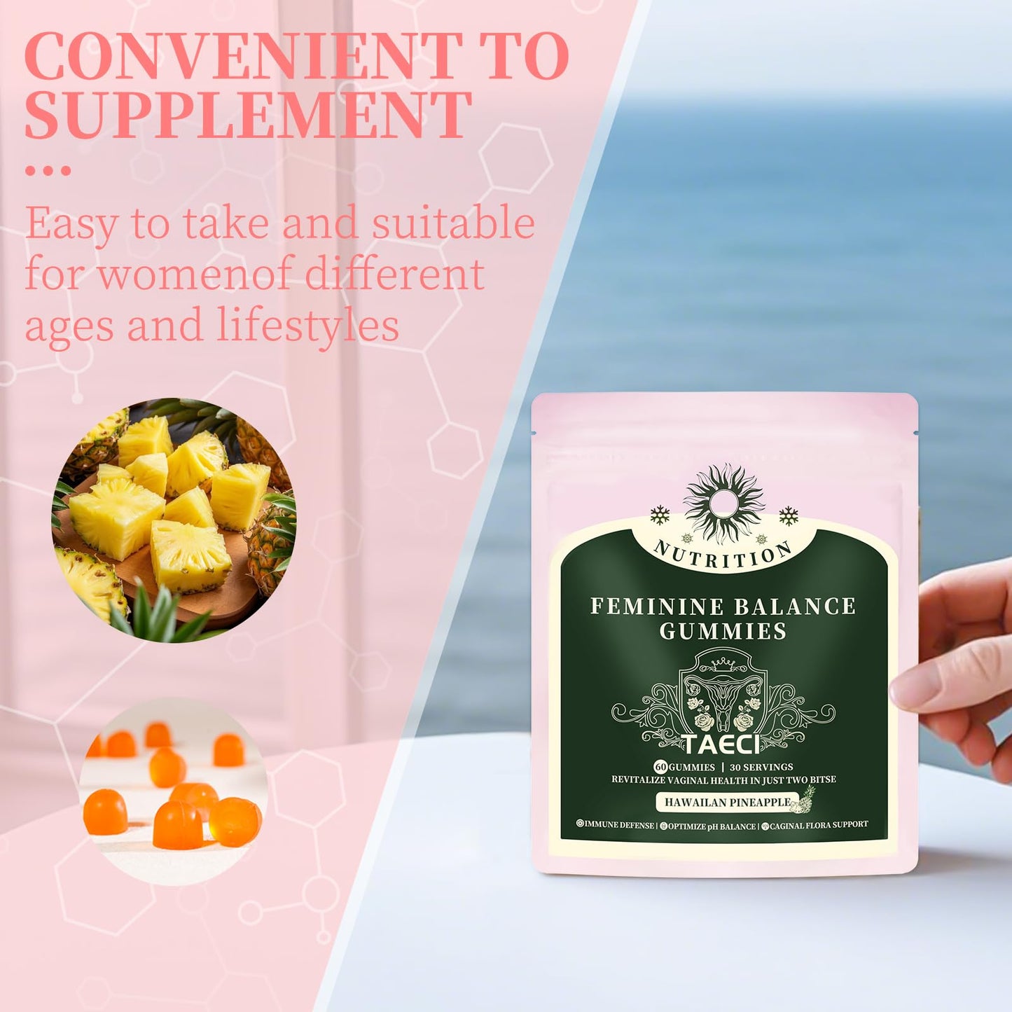 Taeci Feminine Balance Gummies for Women's Health, Hawaiian Pineapple Flavor, 60 Gummies (Pack of 2)