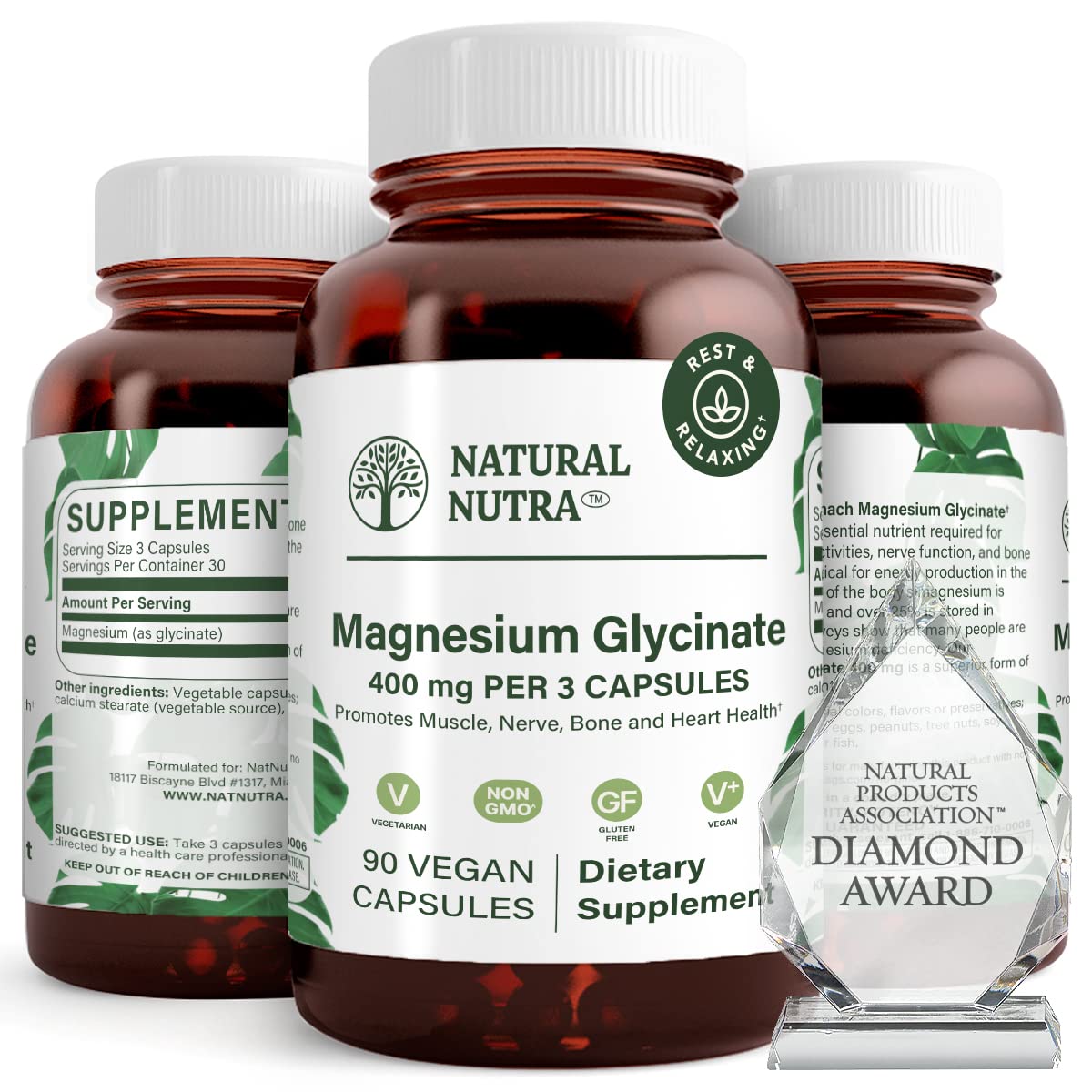 Natural Nutra Magnesium Glycinate 400 mg Supplement Capsules, 90 Count