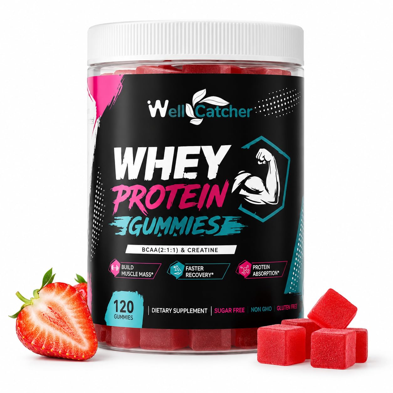 Wellcatcher Whey Protein Isolate Gummies with BCAA & Creatine, Sugar-Free Pectin Protein Gummies, Strawberry Flavor, 15 Gummies