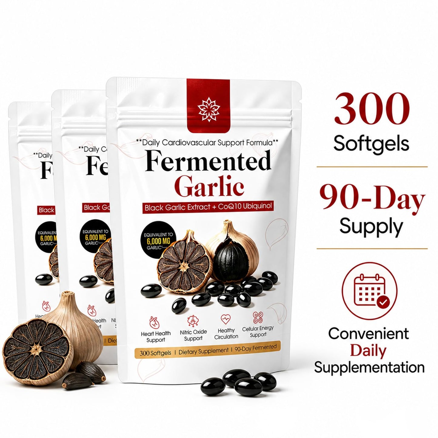 BnPnCn Fermented Black Garlic Extract + CoQ10 Ubiquinol - 6000mg Odorless Softgels, 300 Softgels