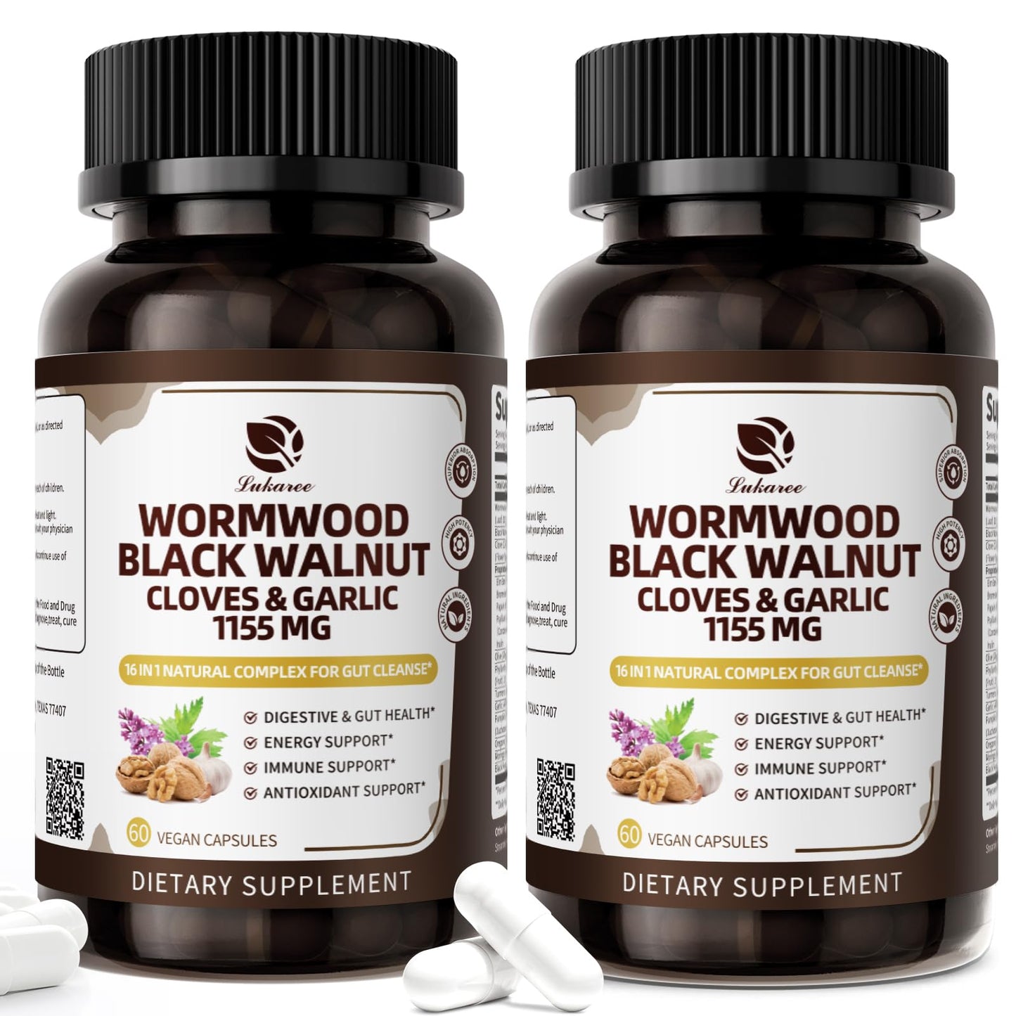 Lukaree 16-in-1 Wormwood Black Walnut Clove Cleanse - Gut Health Capsules, 120 Count