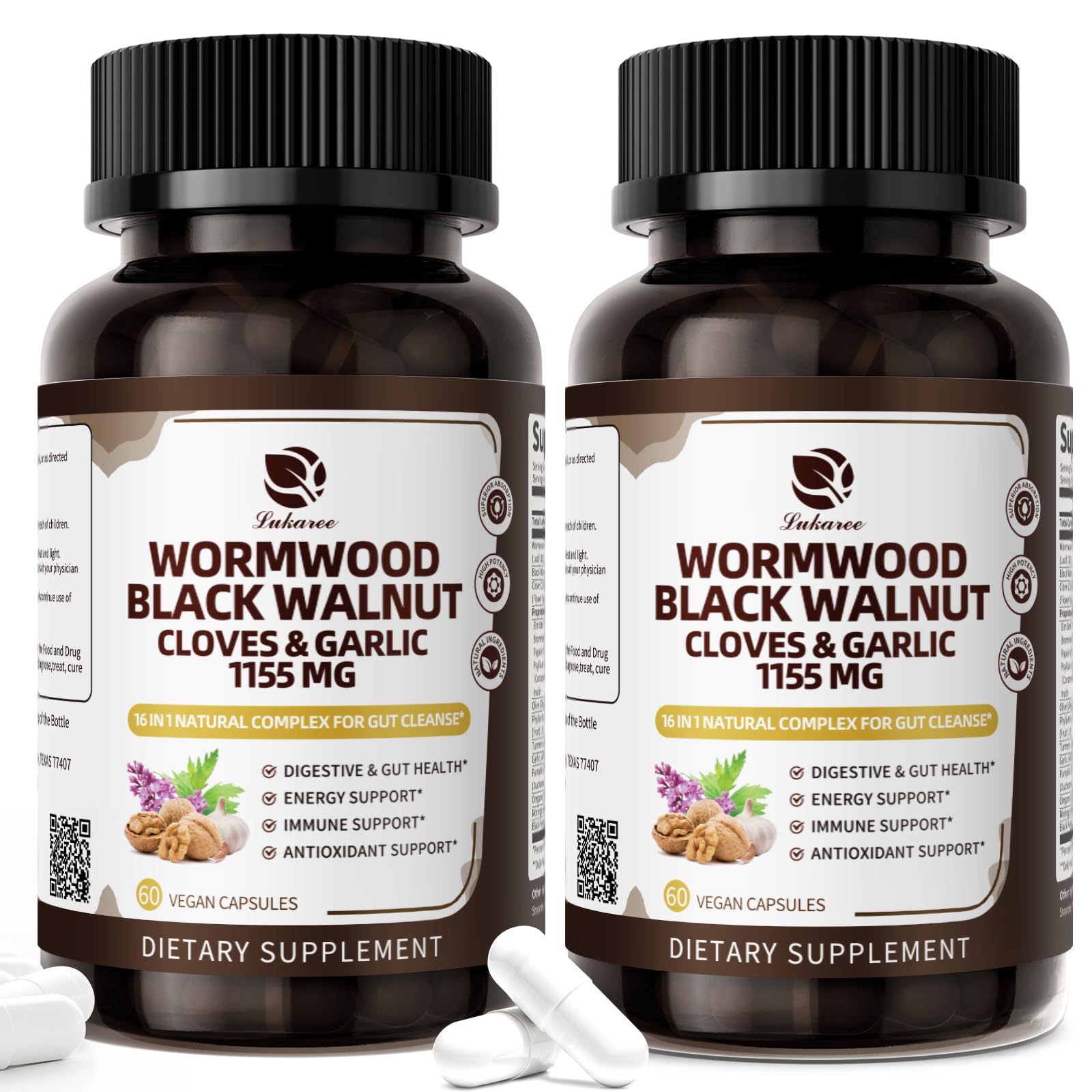Lukaree 16-in-1 Wormwood Black Walnut Clove Cleanse - Gut Health Capsules, 120 Count